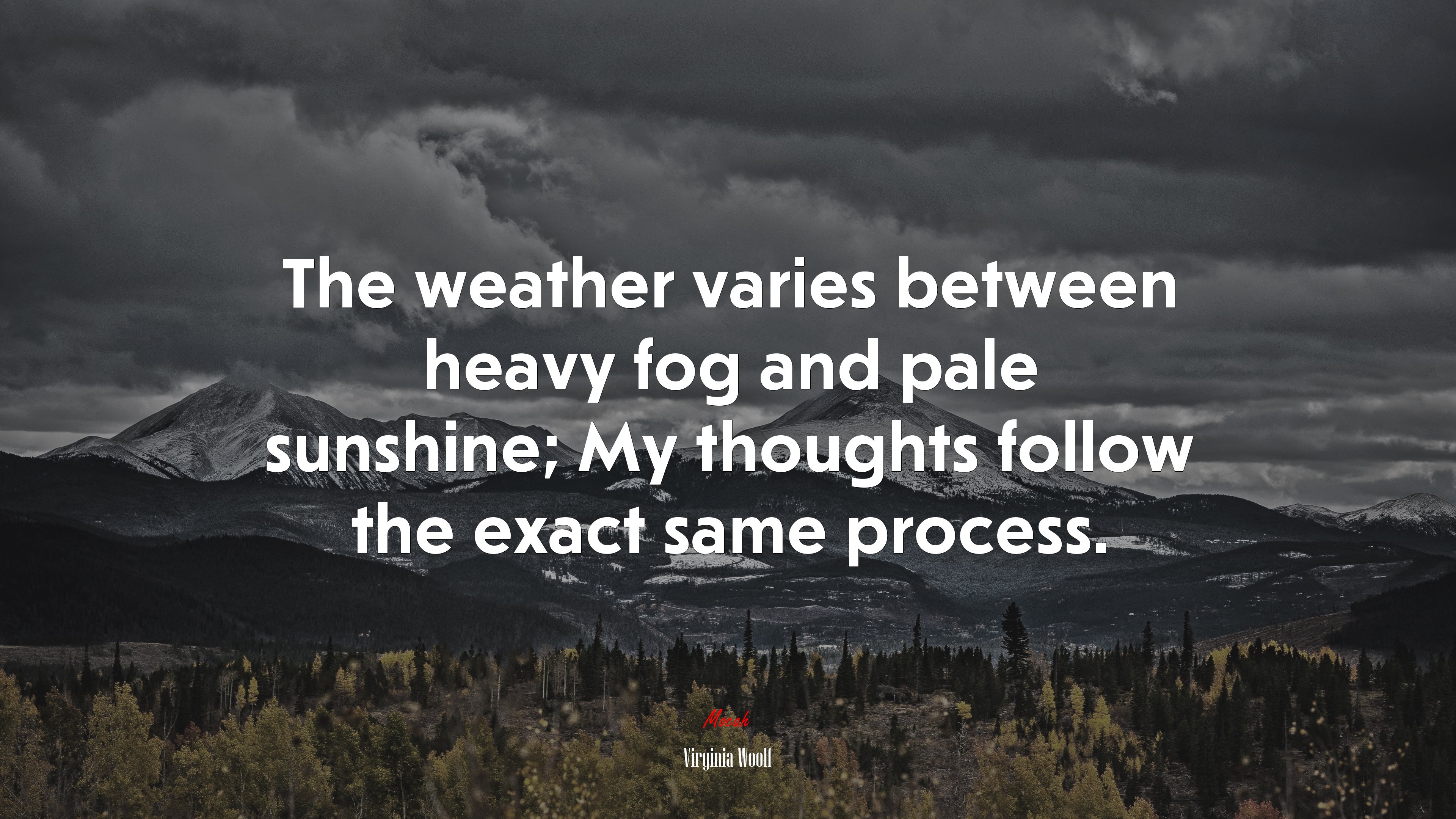 The weather varies between heavy fog and pale sunshine; My thoughts follow the exact same process. | Virginia Woolf quote HD Wallpaper