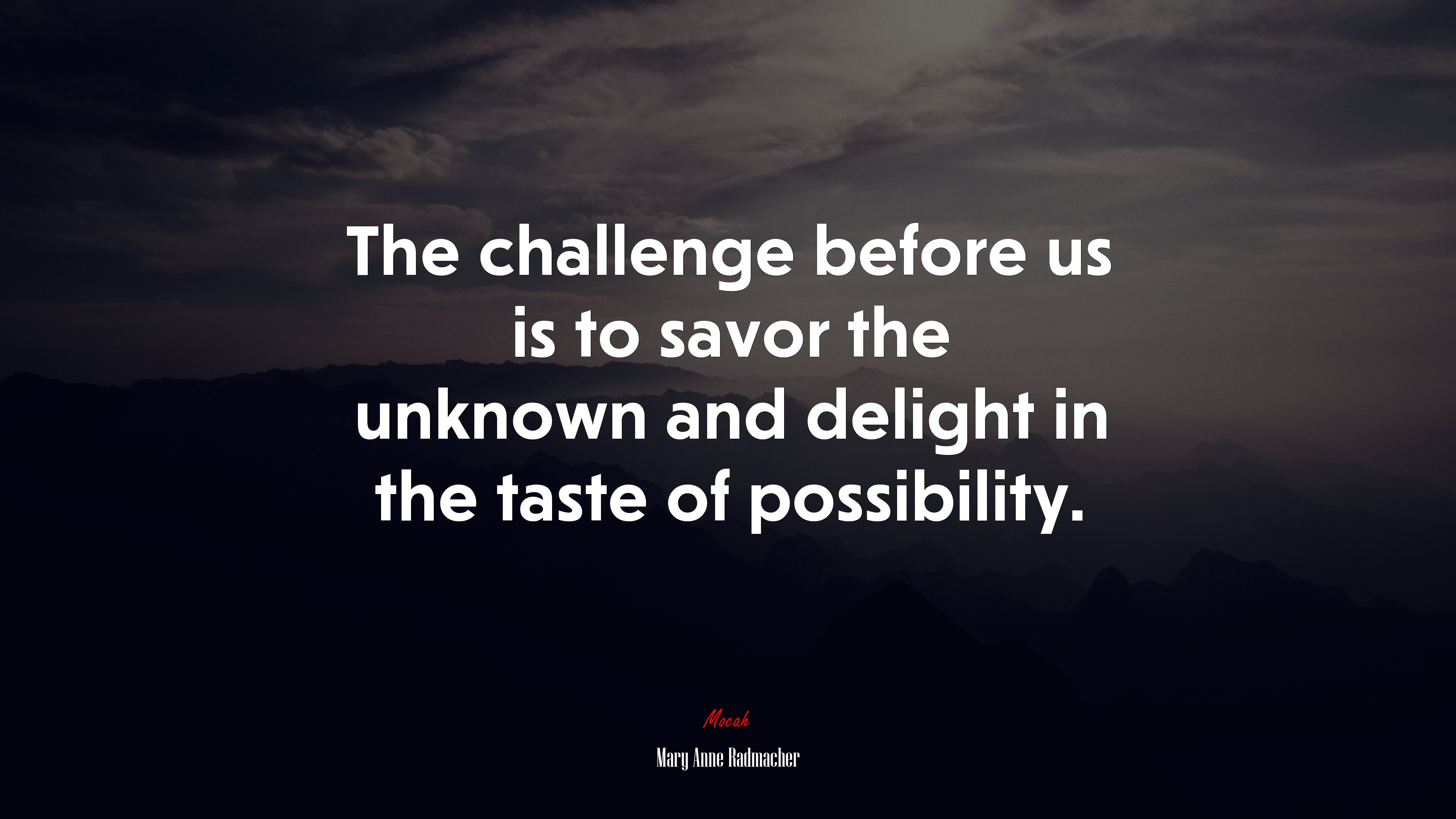 The challenge before us is to savor the unknown and delight in the taste of possibility. | Mary Anne Radmacher quote HD Wallpaper