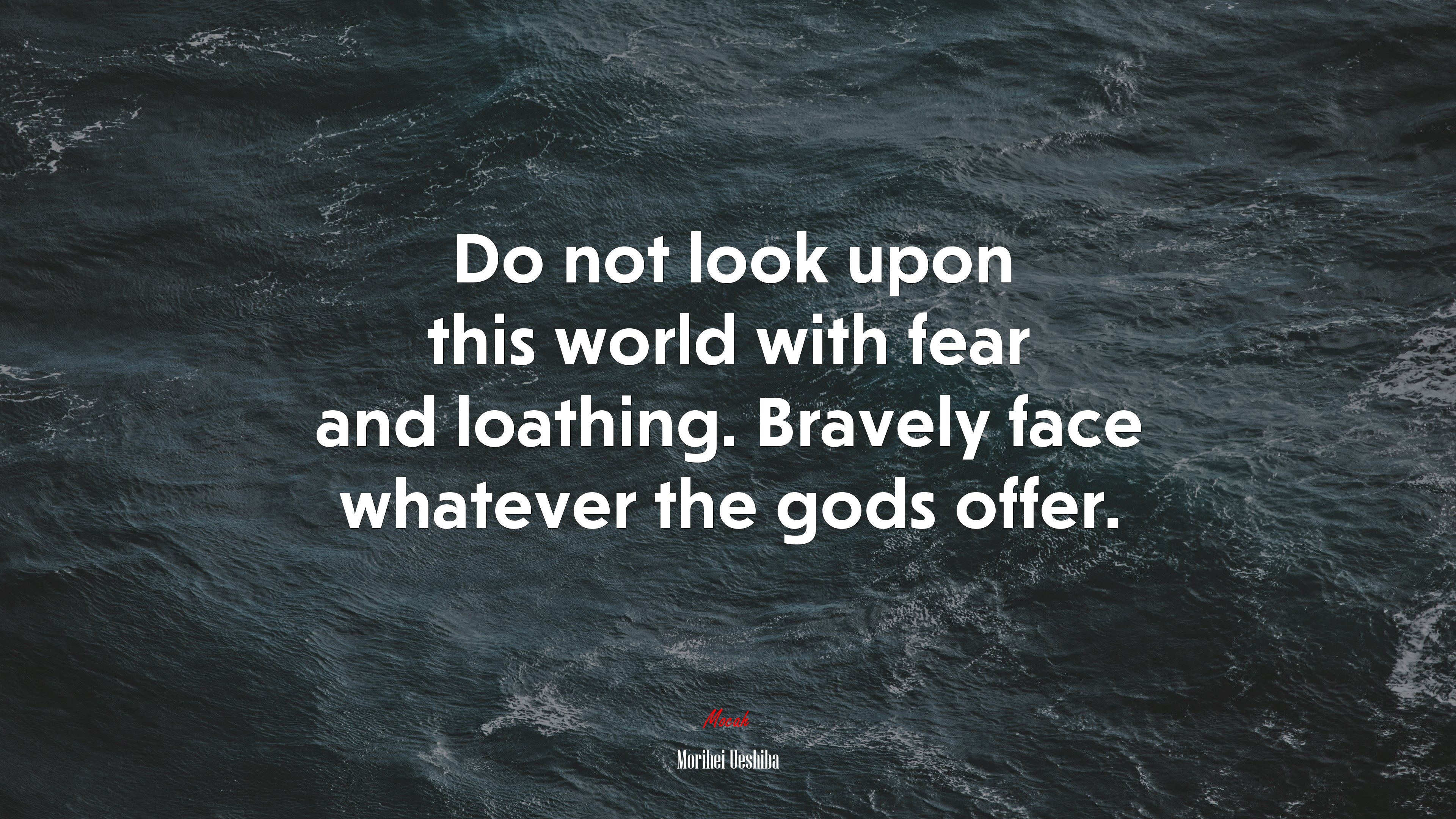 Do not look upon this world with fear and loathing. Bravely face whatever the gods offer. | Morihei Ueshiba quote HD Wallpaper