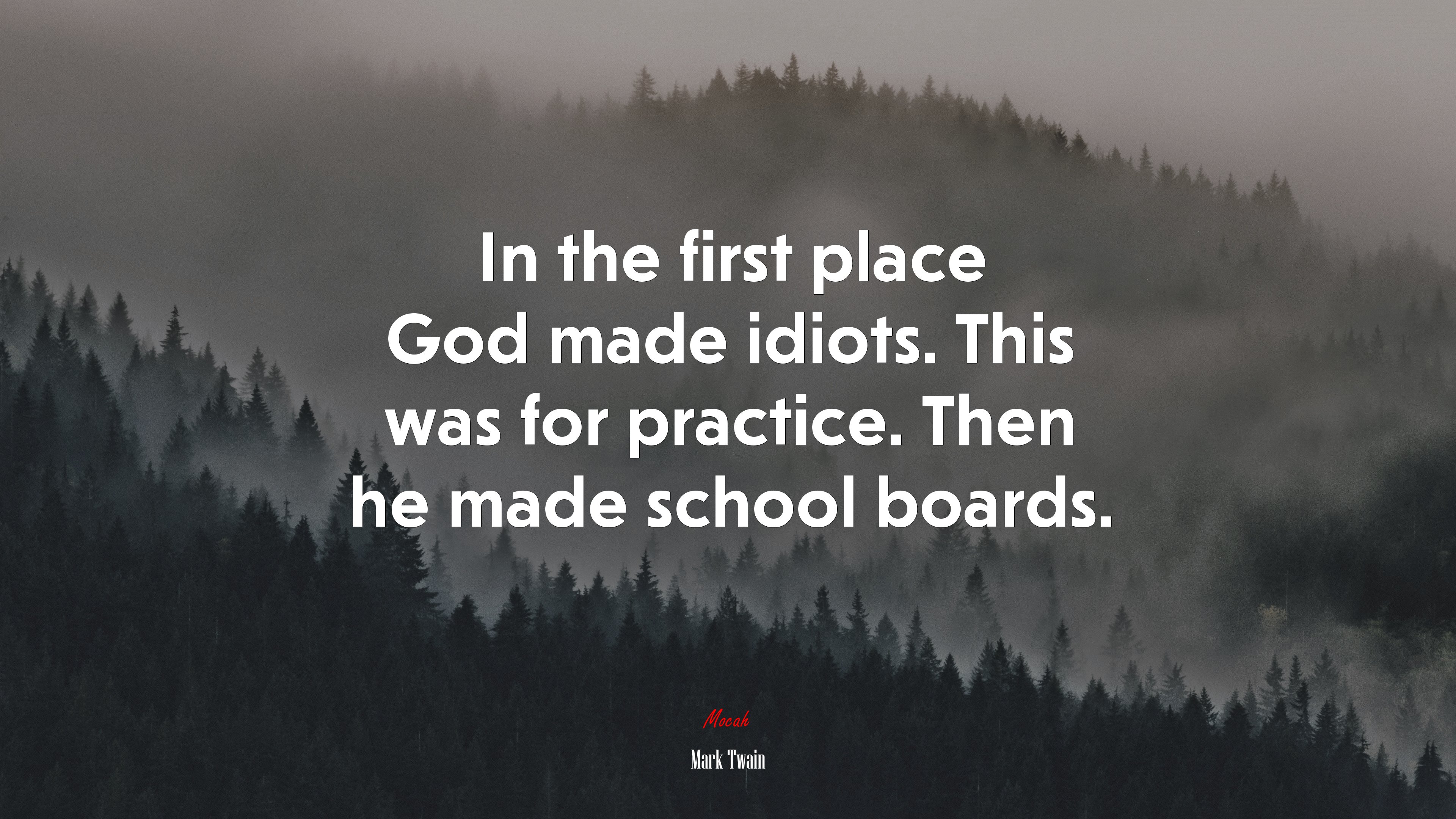 In the first place God made idiots. This was for practice. Then he made school boards. | Mark Twain quote HD Wallpaper
