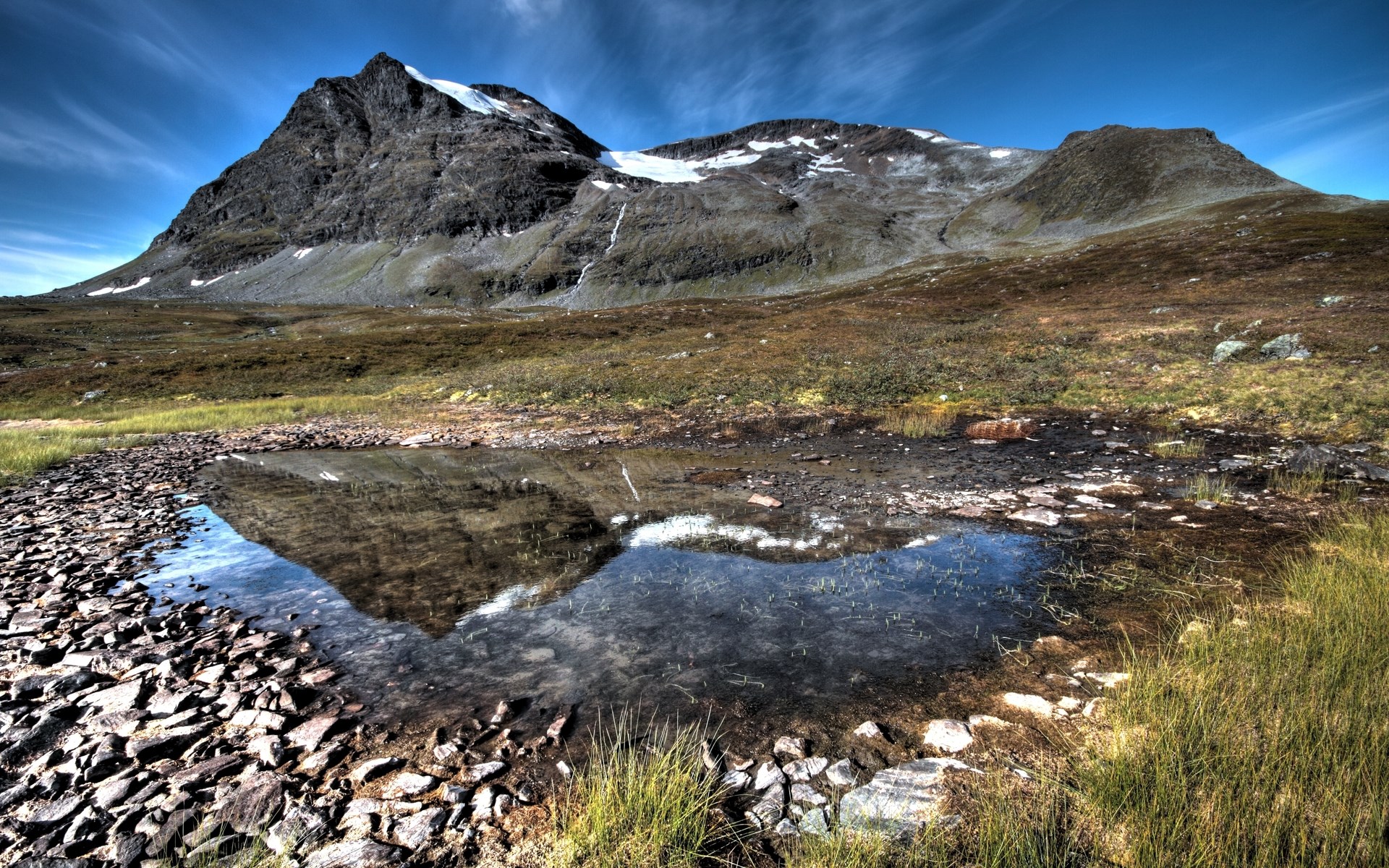 Mountain reflected in a small pond HD Wallpaper