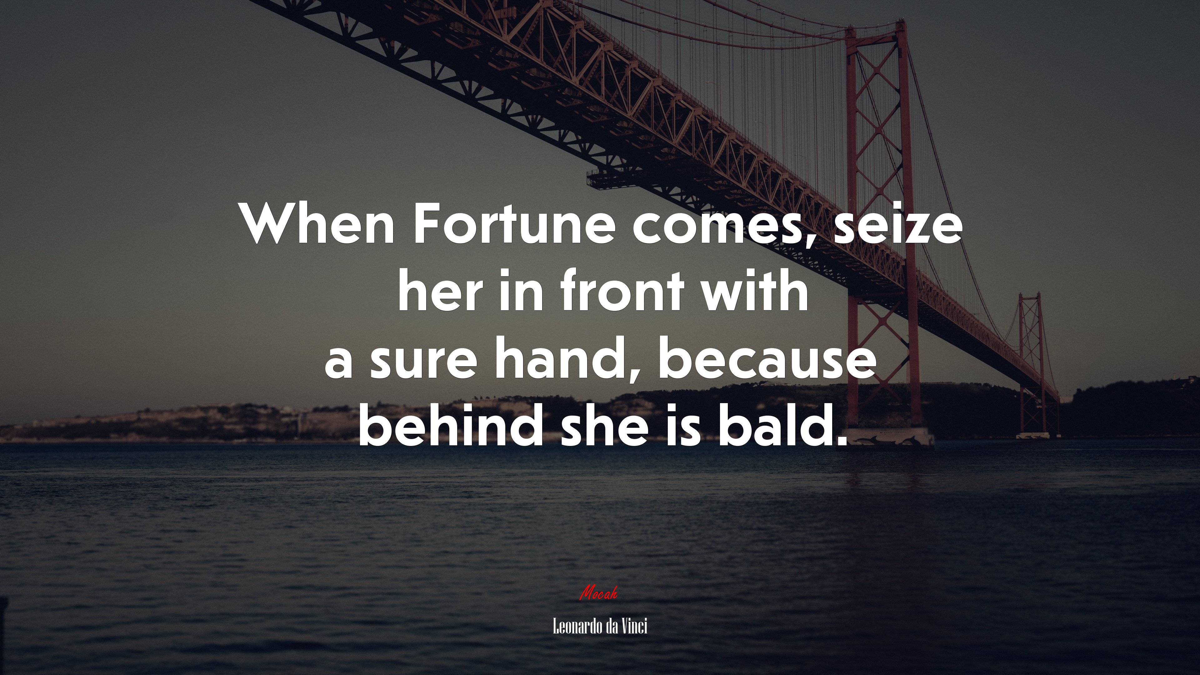 When Fortune comes, seize her in front with a sure hand, because behind she is bald. | Leonardo da Vinci quote HD Wallpaper