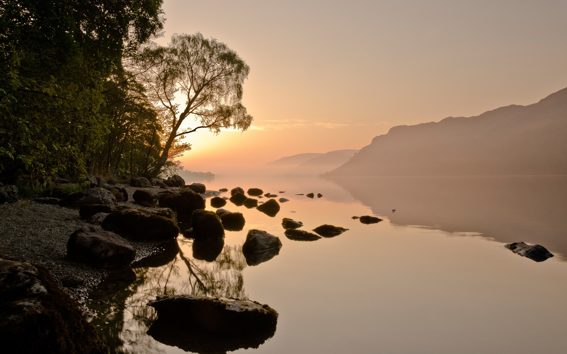 Sunrise over a misty lake with rocky shore and trees HD Wallpaper
