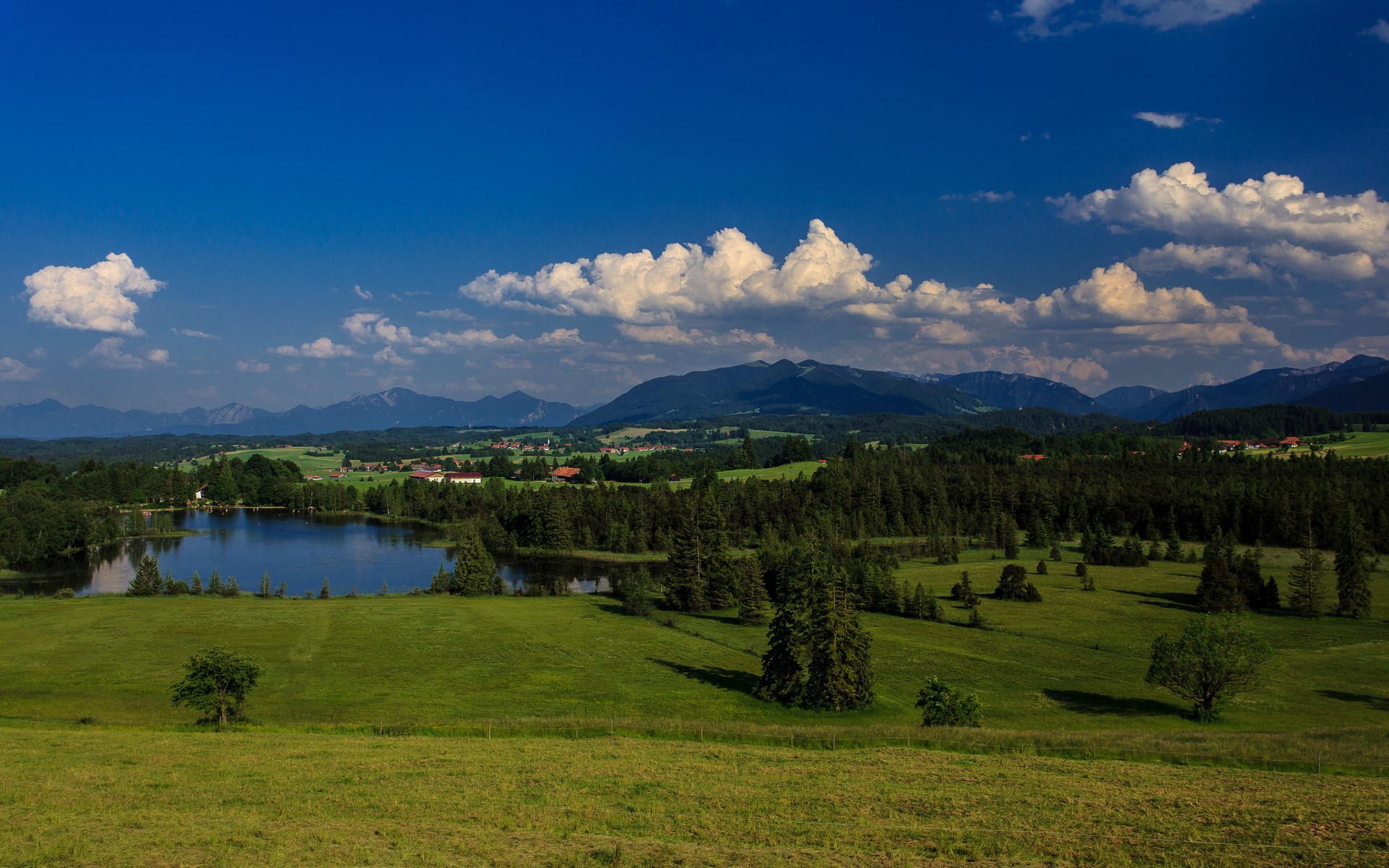 Green rolling hills with a lake and mountains HD Wallpaper