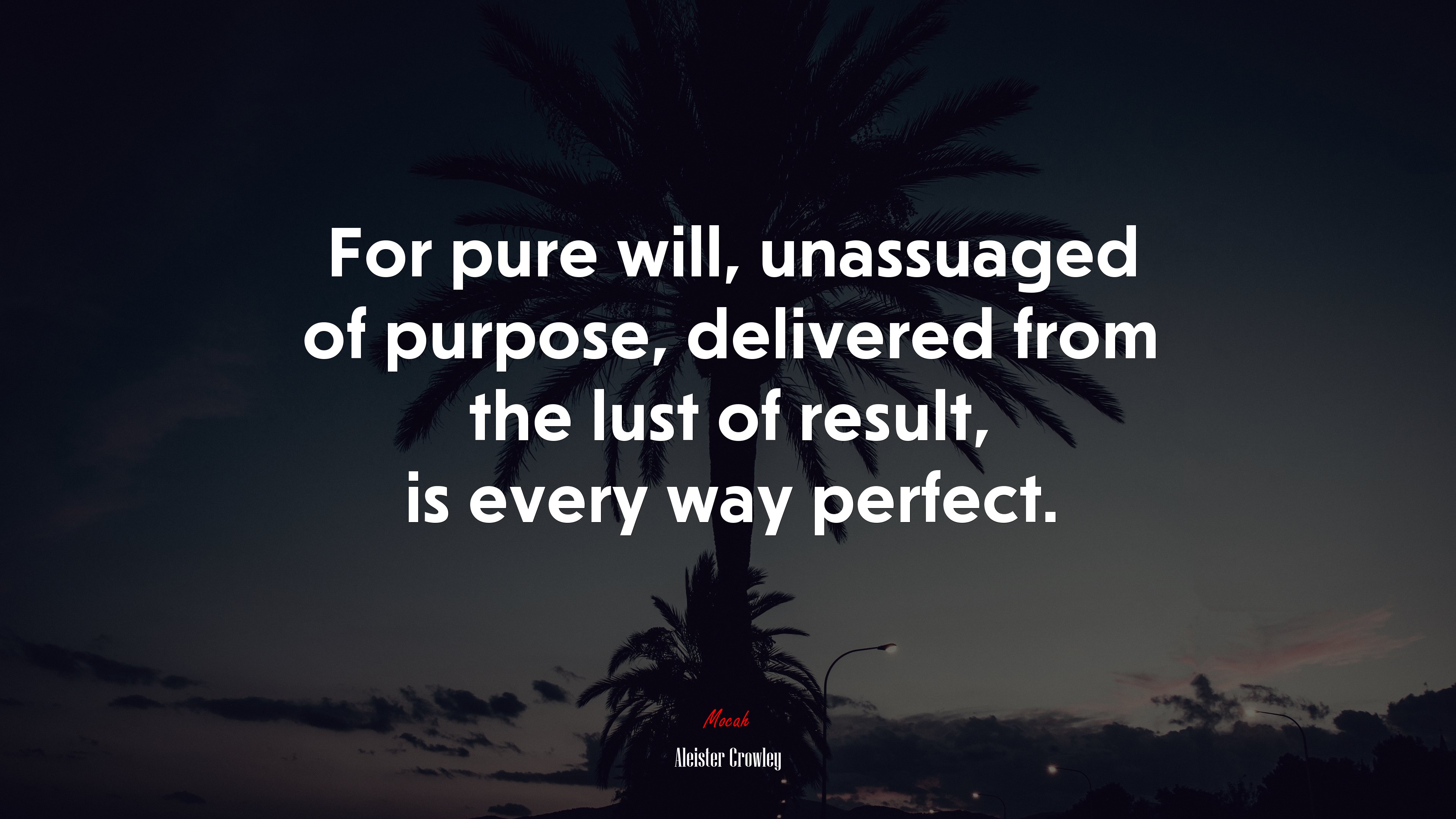 For pure will, unassuaged of purpose, delivered from the lust of result, is every way perfect. | Aleister Crowley quote HD Wallpaper