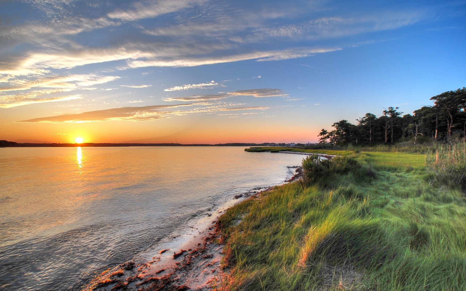 Sunset over a calm bay with a grassy shoreline HD Wallpaper