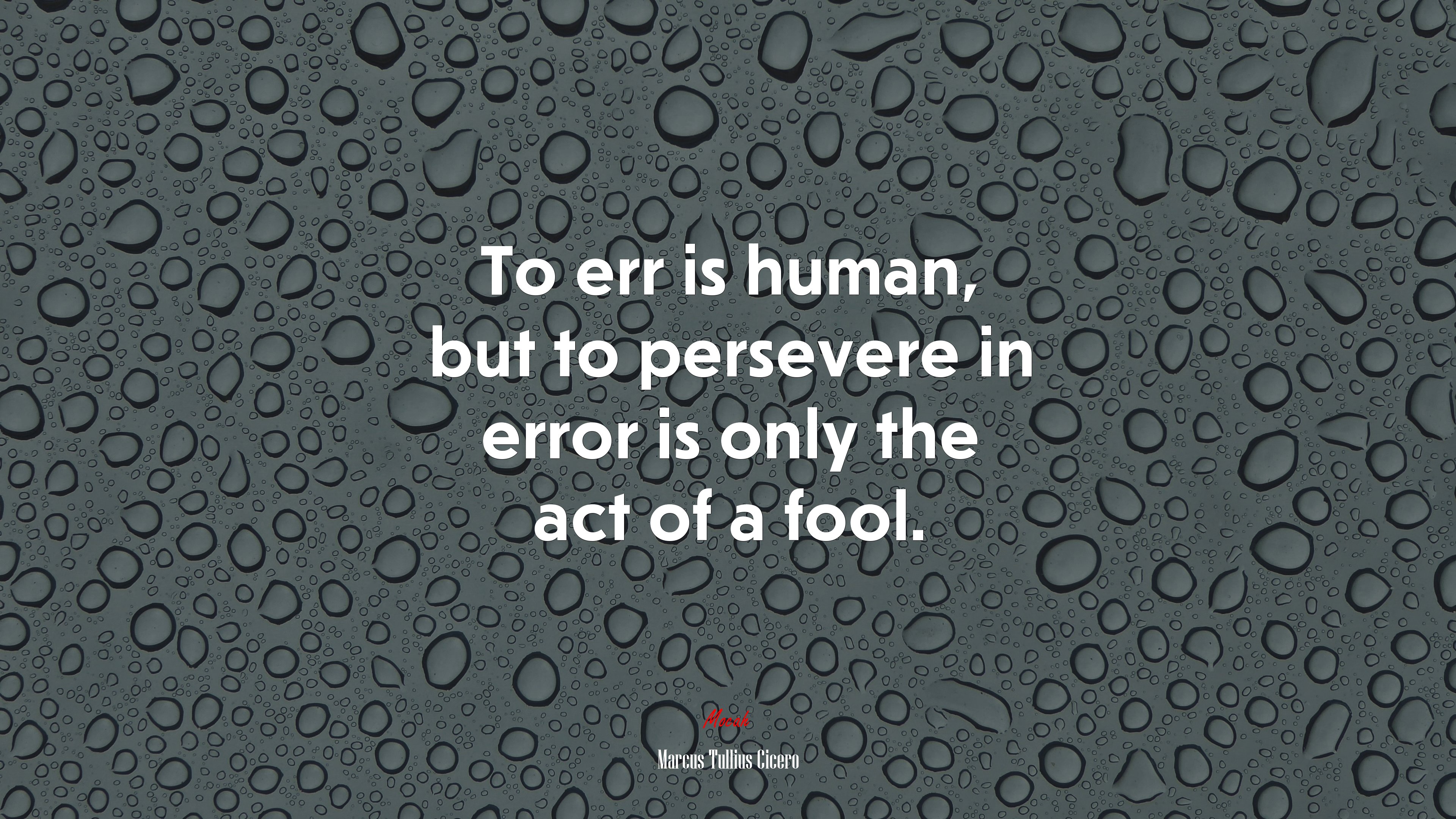 To err is human, but to persevere in error is only the act of a fool. | Marcus Tullius Cicero quote HD Wallpaper