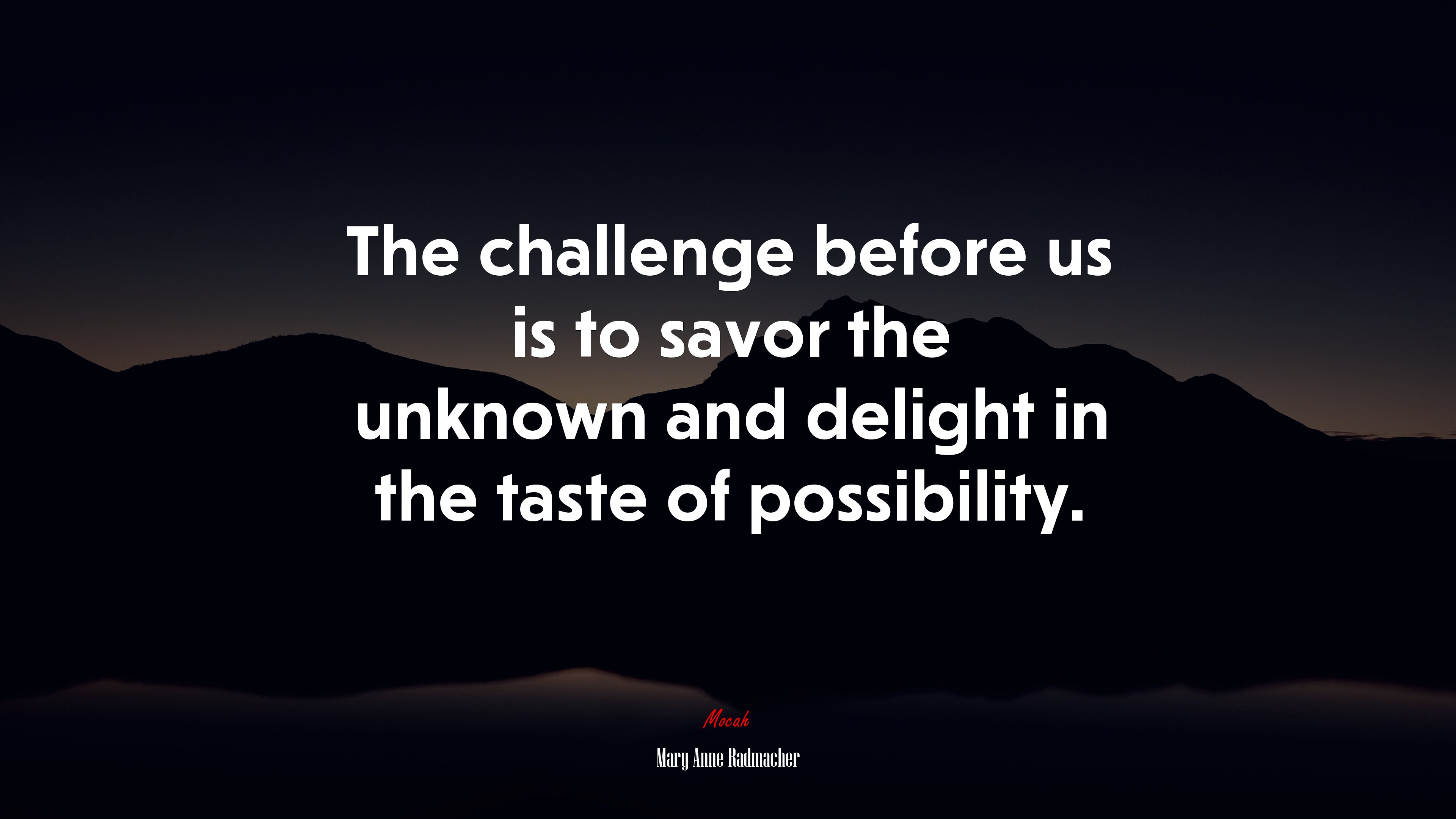 The challenge before us is to savor the unknown and delight in the taste of possibility. | Mary Anne Radmacher quote HD Wallpaper
