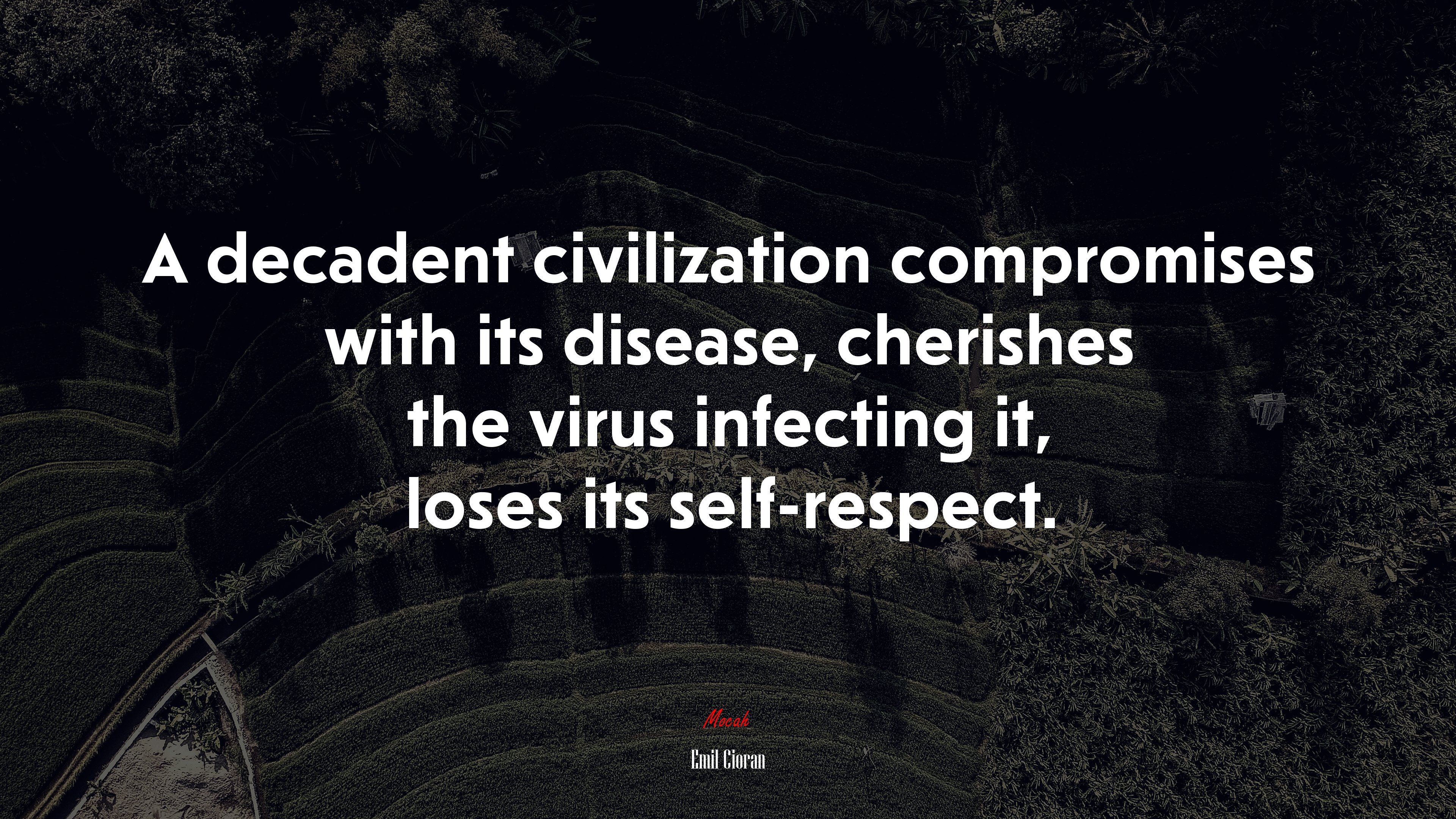 A decadent civilization compromises with its disease, cherishes the virus infecting it, loses its self-respect. | Emil Cioran quote HD Wallpaper
