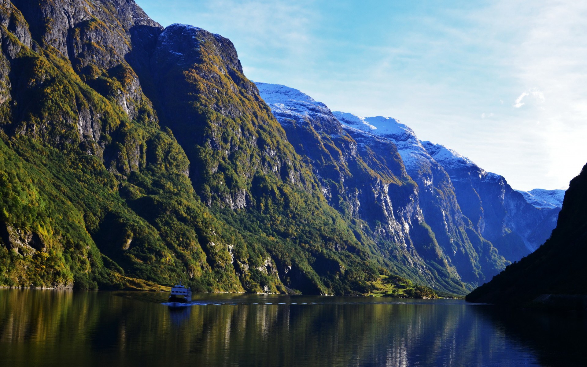 Boat on a fjord with steep, green mountains HD Wallpaper