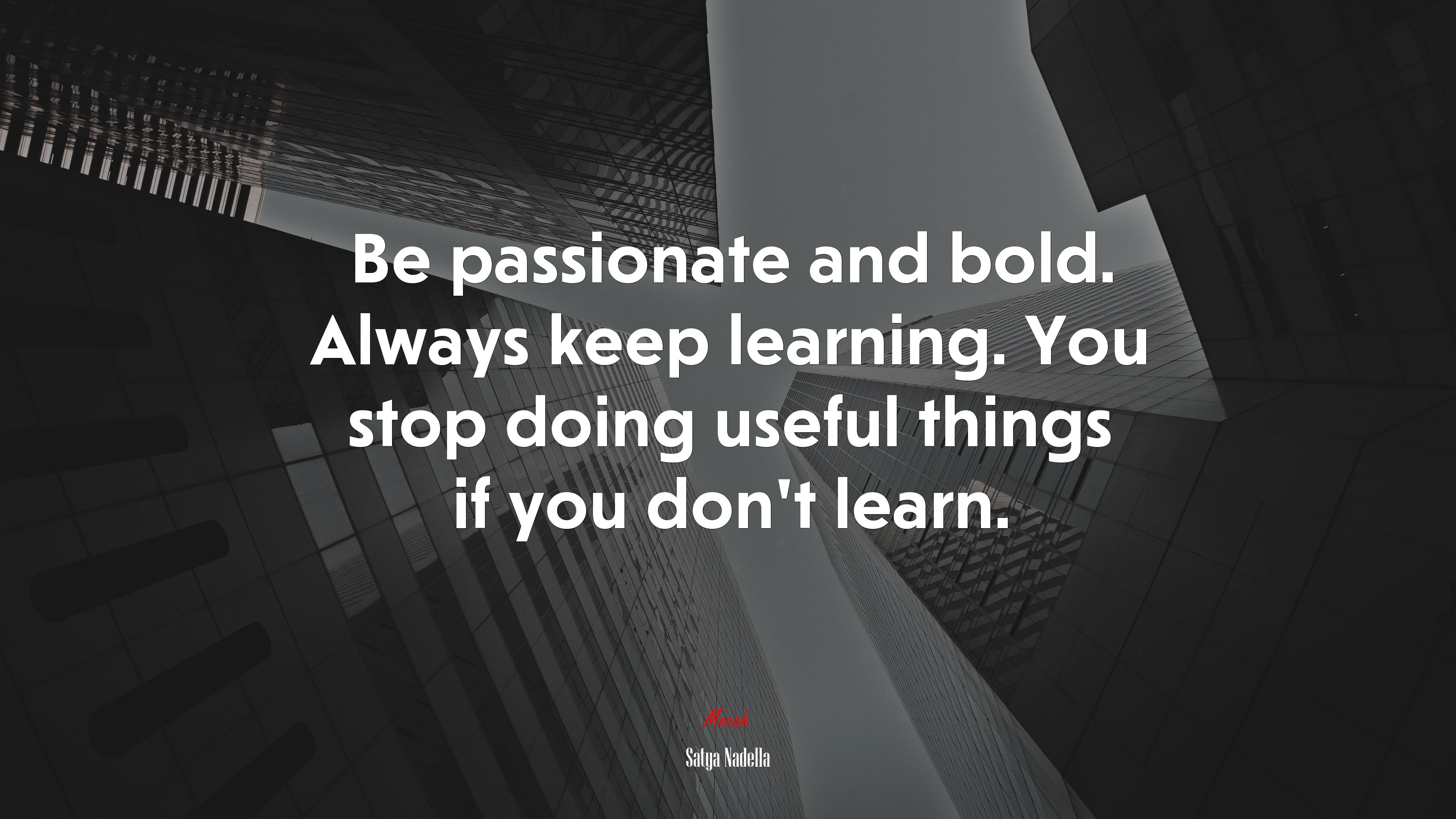 Be passionate and bold. Always keep learning. You stop doing useful things if you don’t learn. | Satya Nadella quote HD Wallpaper