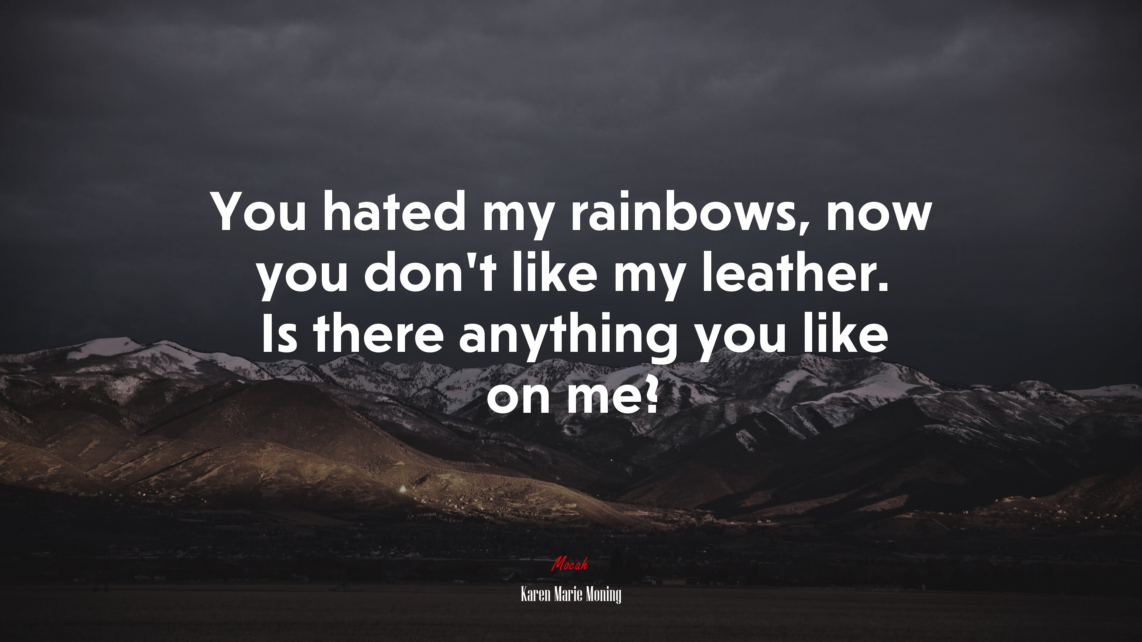 You hated my rainbows, now you don’t like my leather. Is there anything you like on me? | Karen Marie Moning quote HD Wallpaper