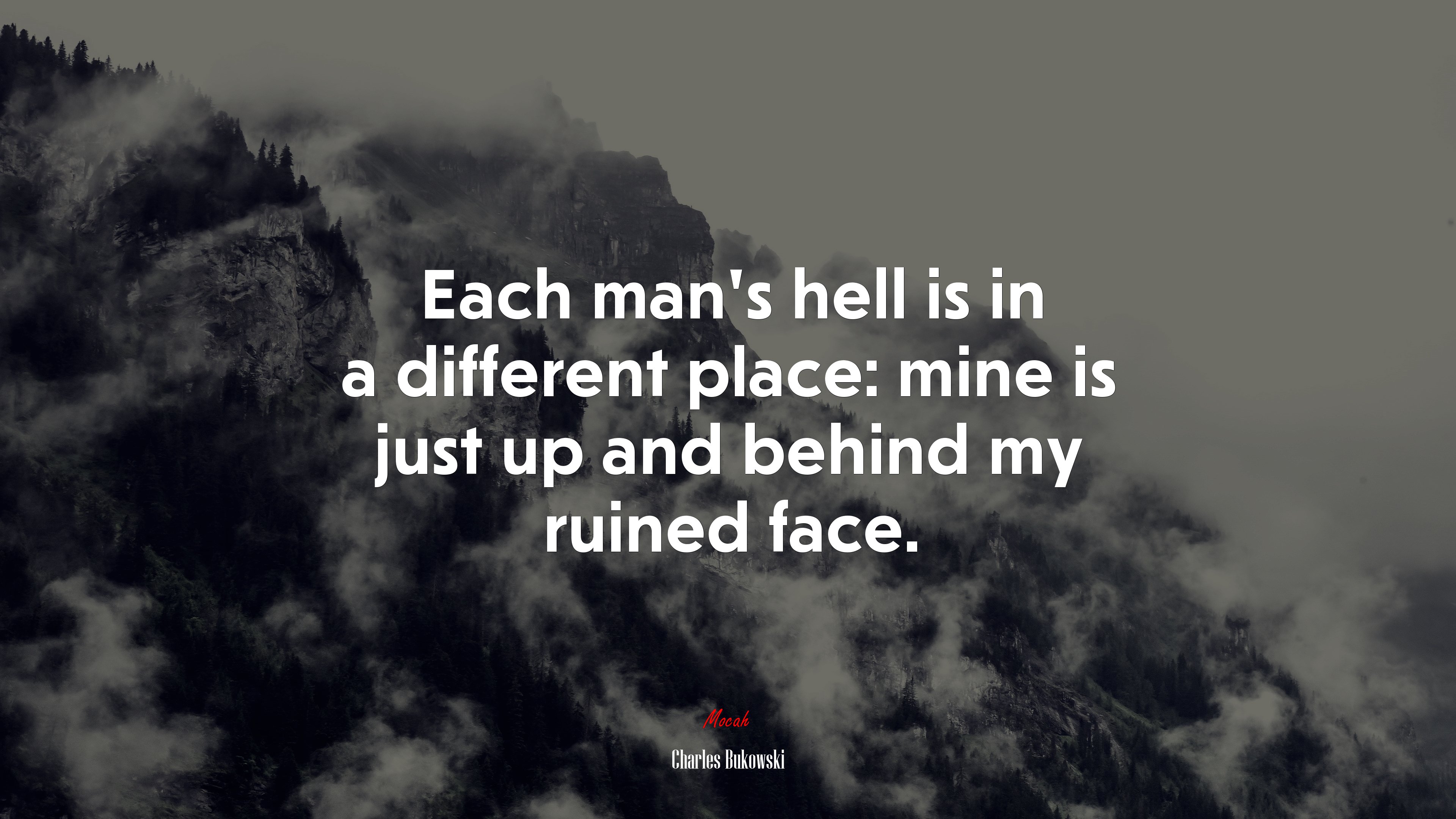 Each man’s hell is in a different place: mine is just up and behind my ruined face. | Charles Bukowski quote HD Wallpaper