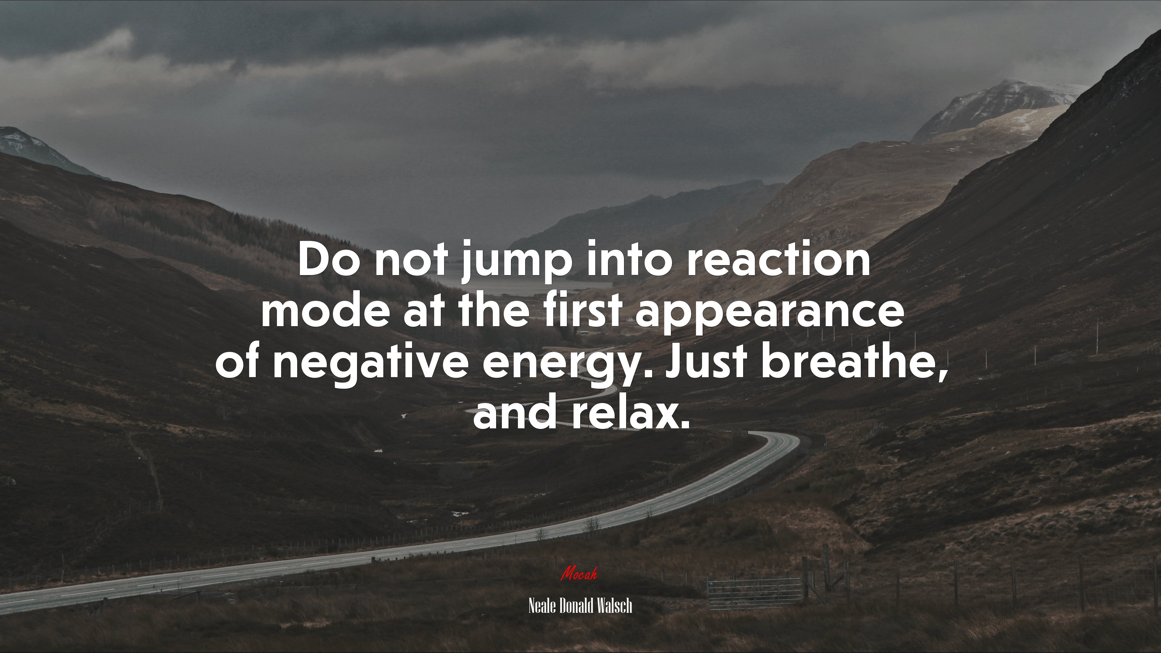 Do not jump into reaction mode at the first appearance of negative energy. Just breathe, and relax. | Neale Donald Walsch quote HD Wallpaper