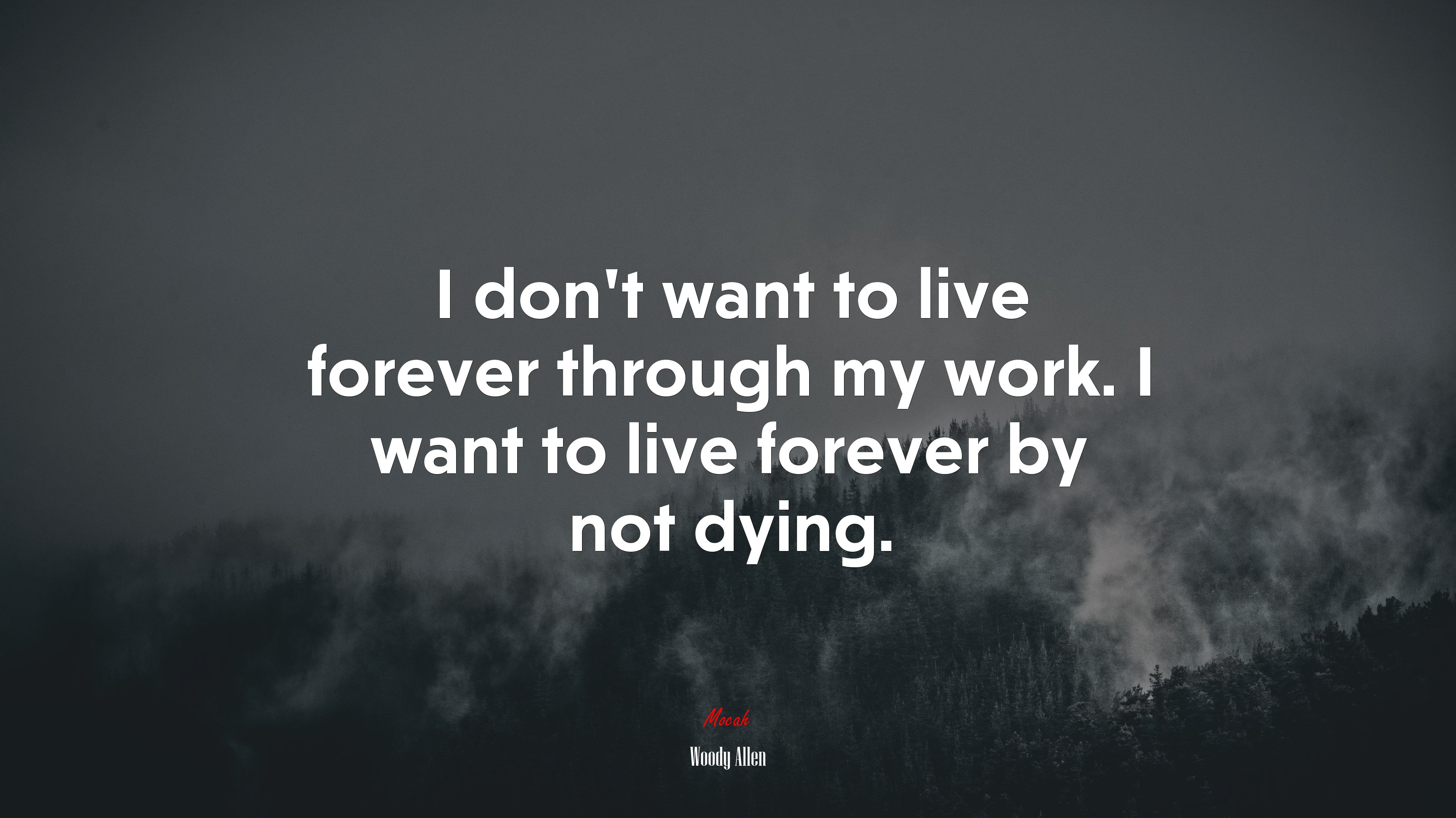 I don’t want to live forever through my work. I want to live forever by not dying. | Woody Allen quote HD Wallpaper