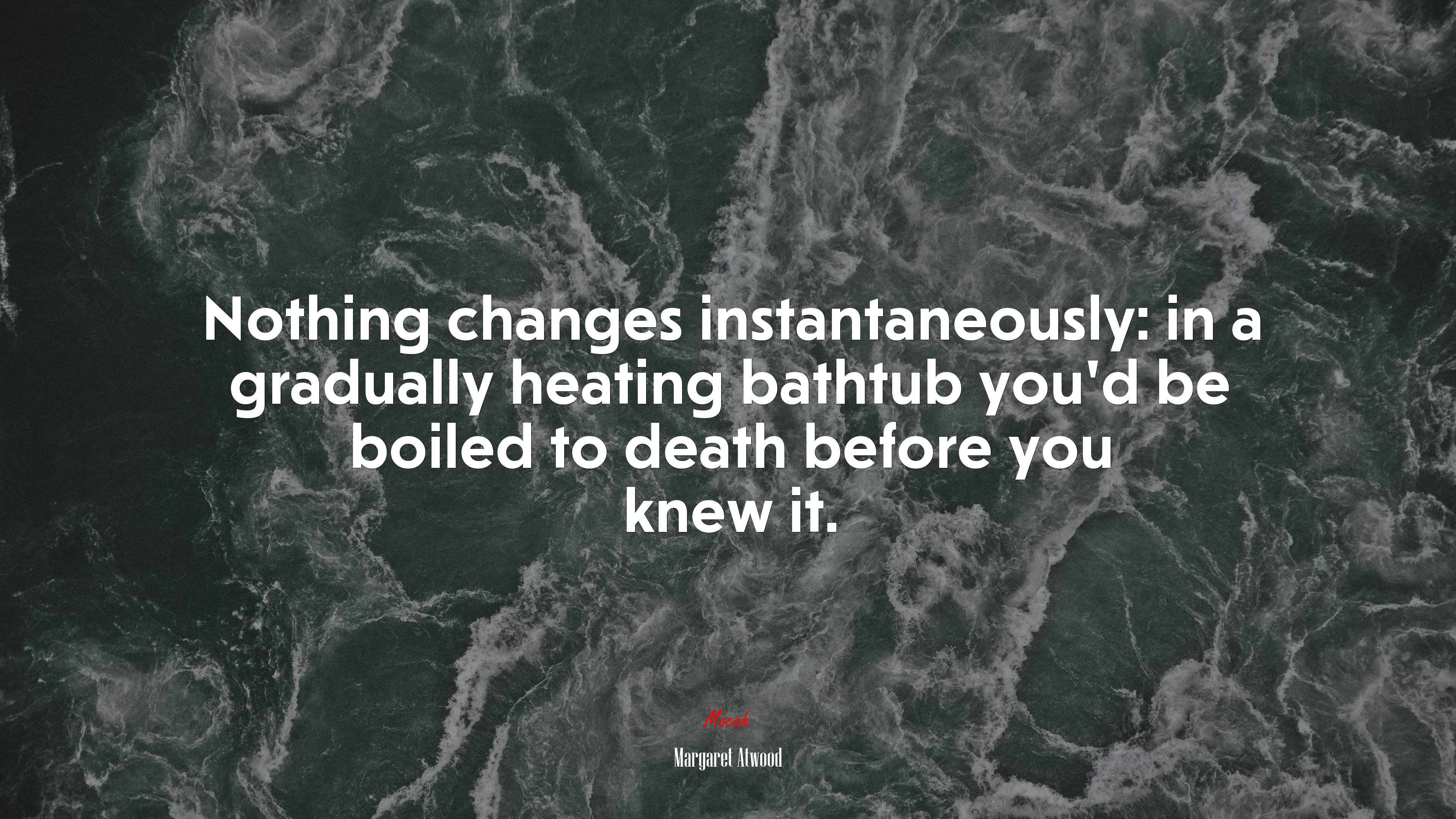 Nothing changes instantaneously: in a gradually heating bathtub you’d be boiled to death before you knew it. | Margaret Atwood quote HD Wallpaper