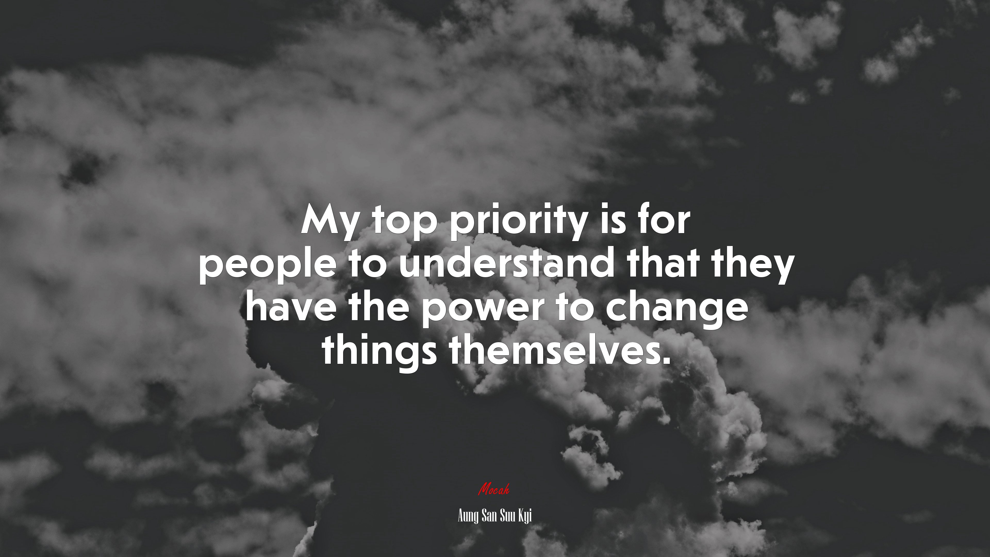My top priority is for people to understand that they have the power to change things themselves. | Aung San Suu Kyi quote HD Wallpaper
