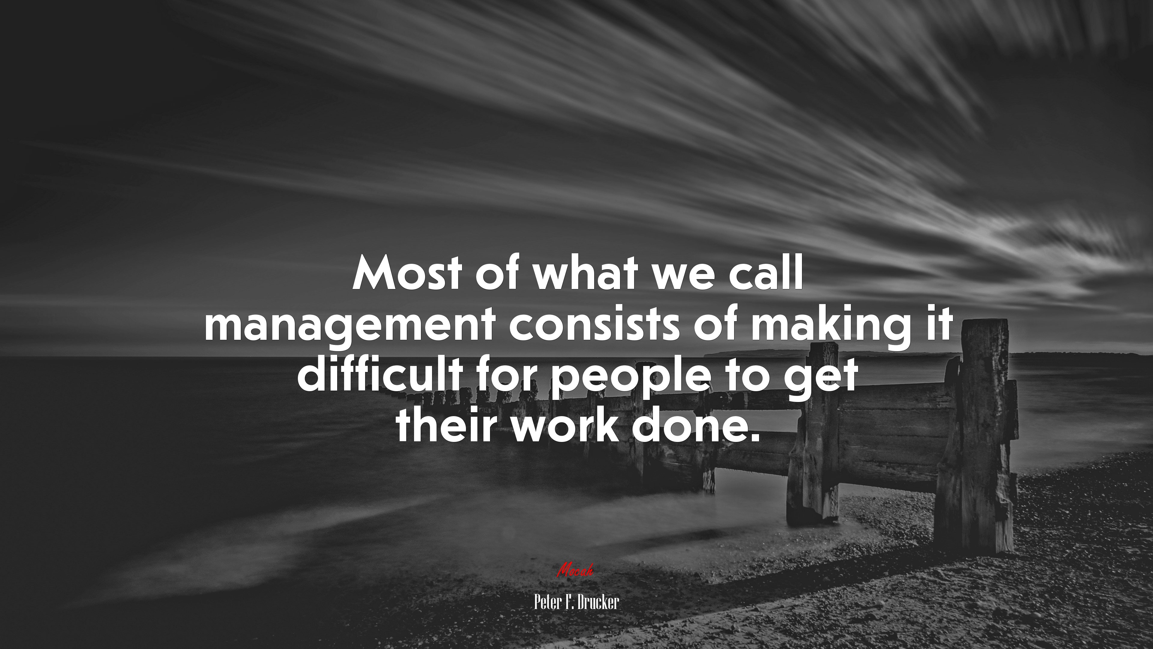 Most of what we call management consists of making it difficult for people to get their work done. | Peter F. Drucker quote HD Wallpaper