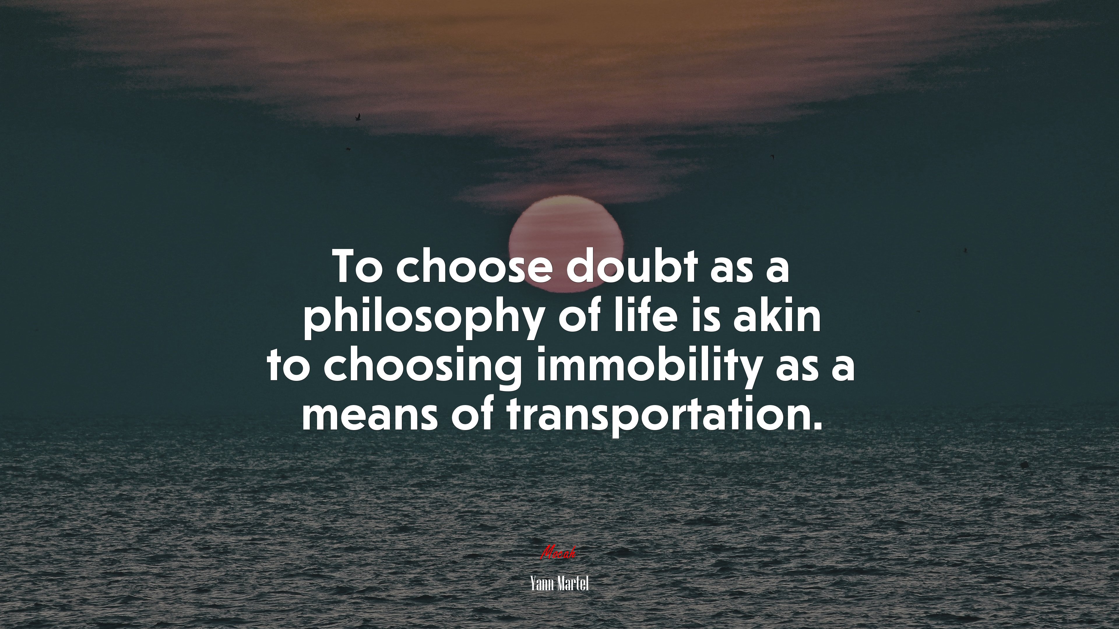 To choose doubt as a philosophy of life is akin to choosing immobility as a means of transportation. | Yann Martel quote HD Wallpaper