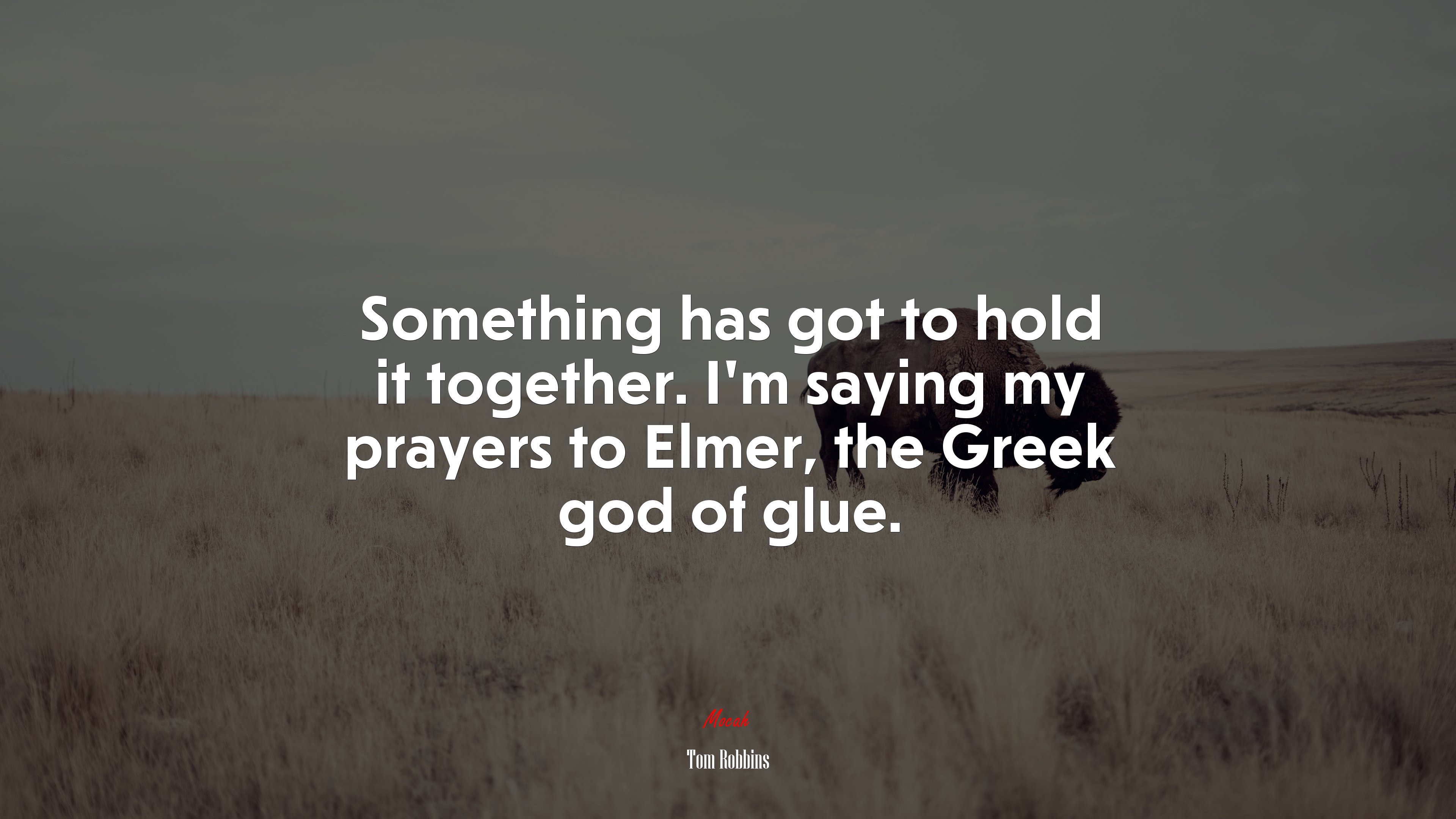 Something has got to hold it together. I’m saying my prayers to Elmer, the Greek god of glue. | Tom Robbins quote HD Wallpaper