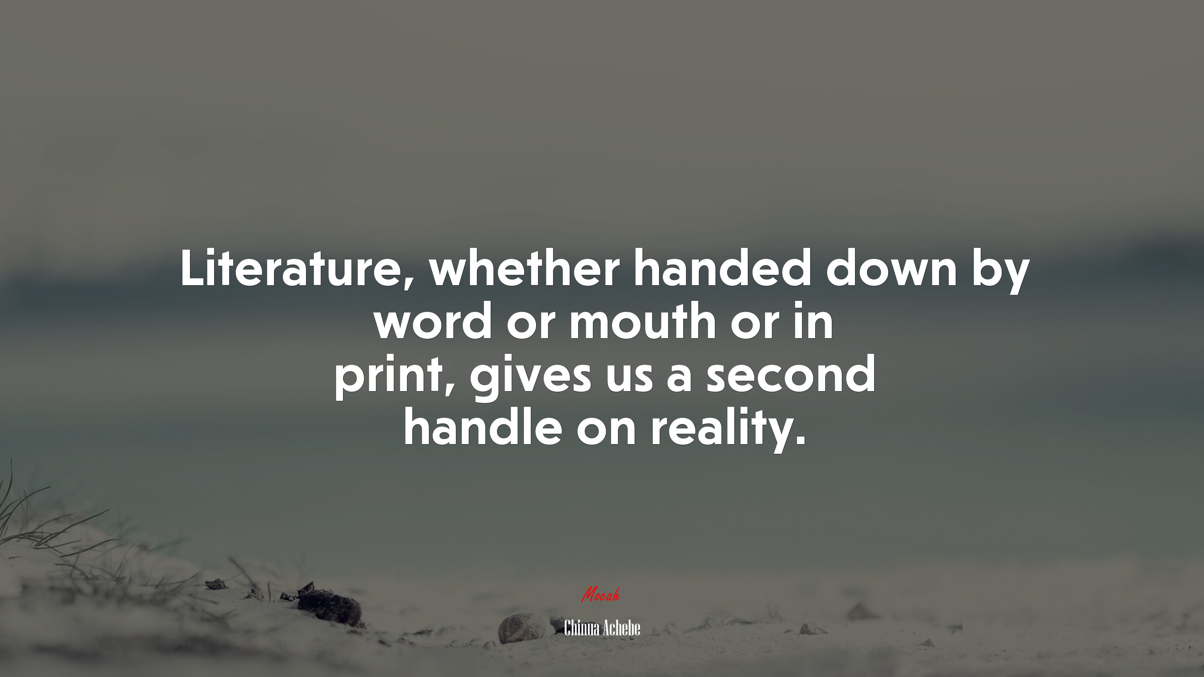Literature, whether handed down by word or mouth or in print, gives us a second handle on reality. | Chinua Achebe quote HD Wallpaper