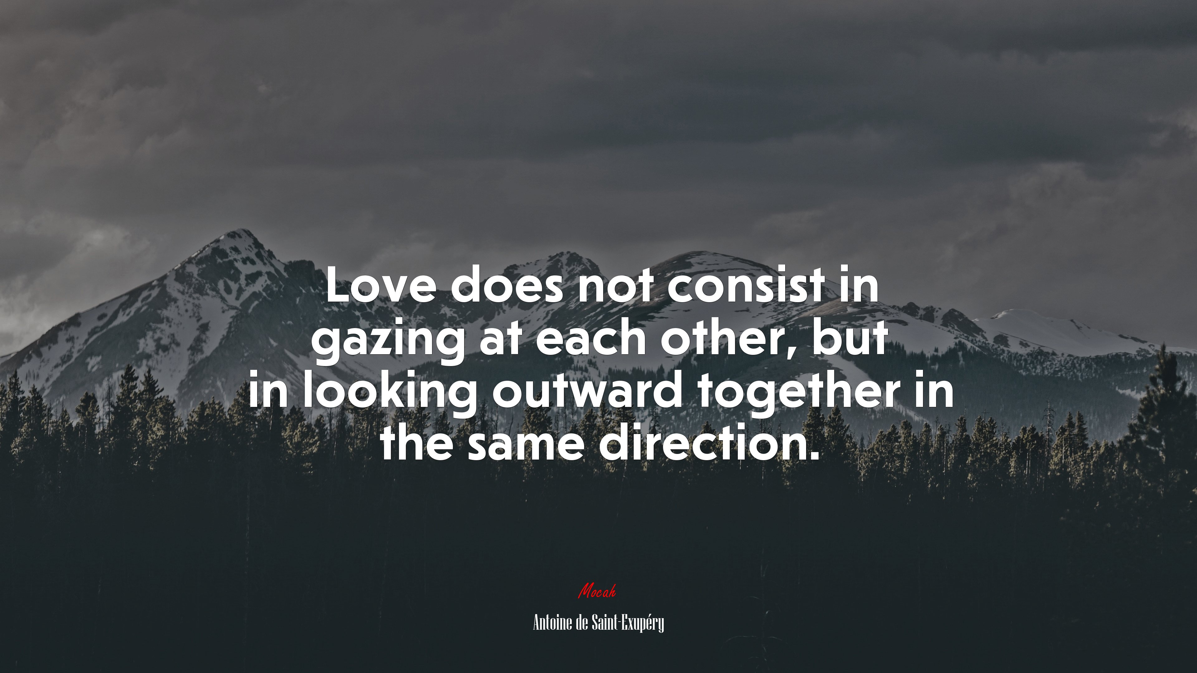 Love does not consist in gazing at each other, but in looking outward together in the same direction. | Antoine de Saint-Exupéry quote HD Wallpaper