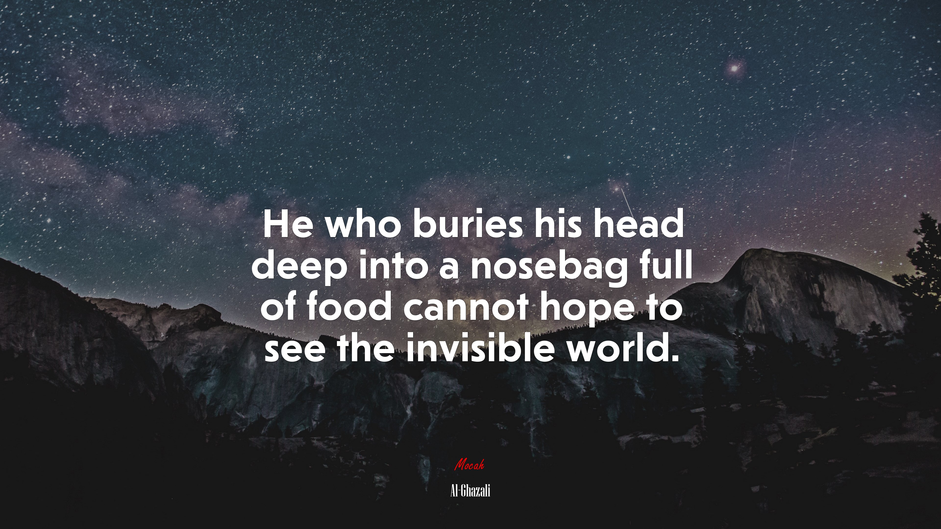 He who buries his head deep into a nosebag full of food cannot hope to see the invisible world. | Al-Ghazali quote HD Wallpaper