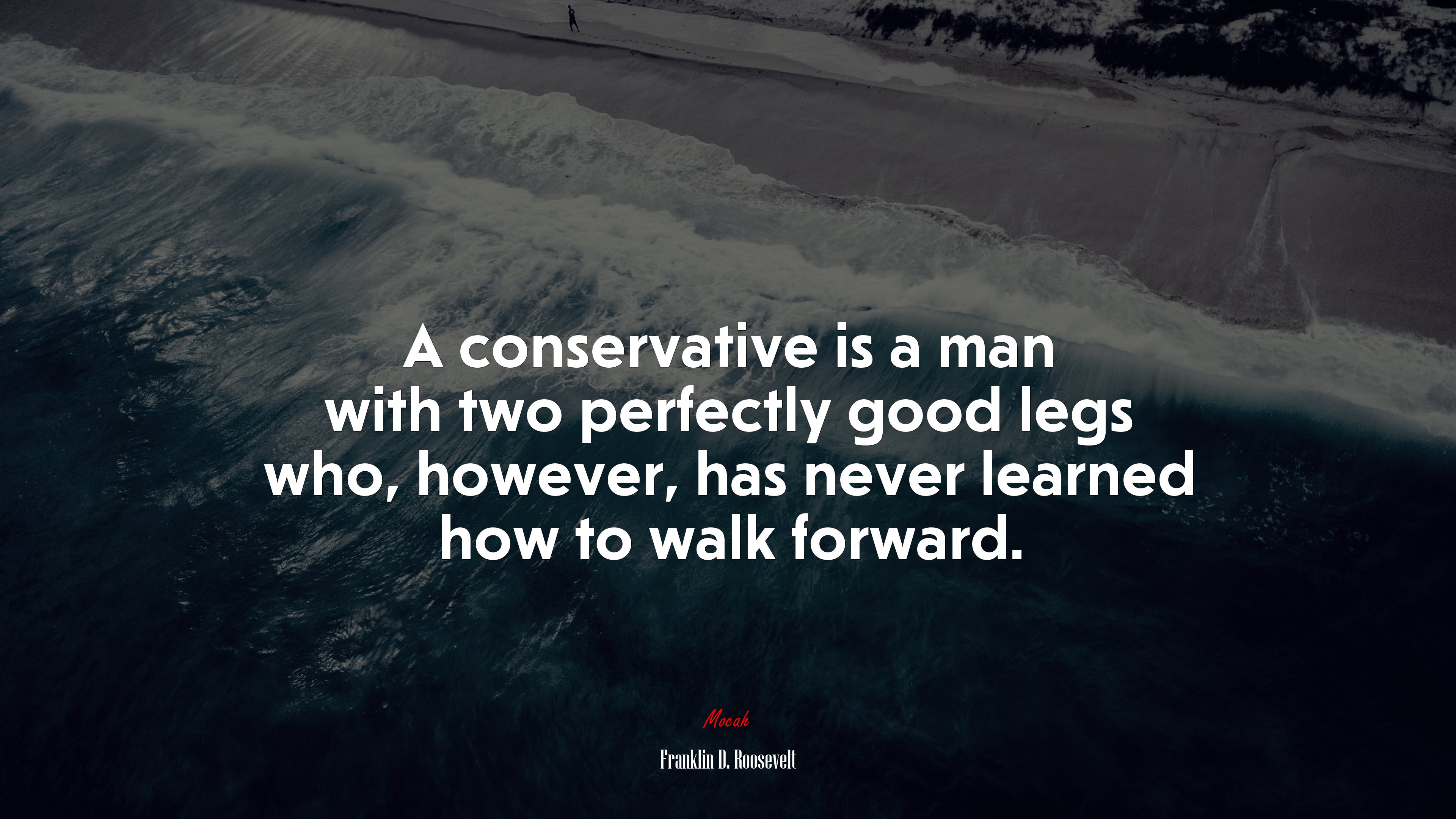 A conservative is a man with two perfectly good legs who, however, has never learned how to walk forward. | Franklin D. Roosevelt quote HD Wallpaper
