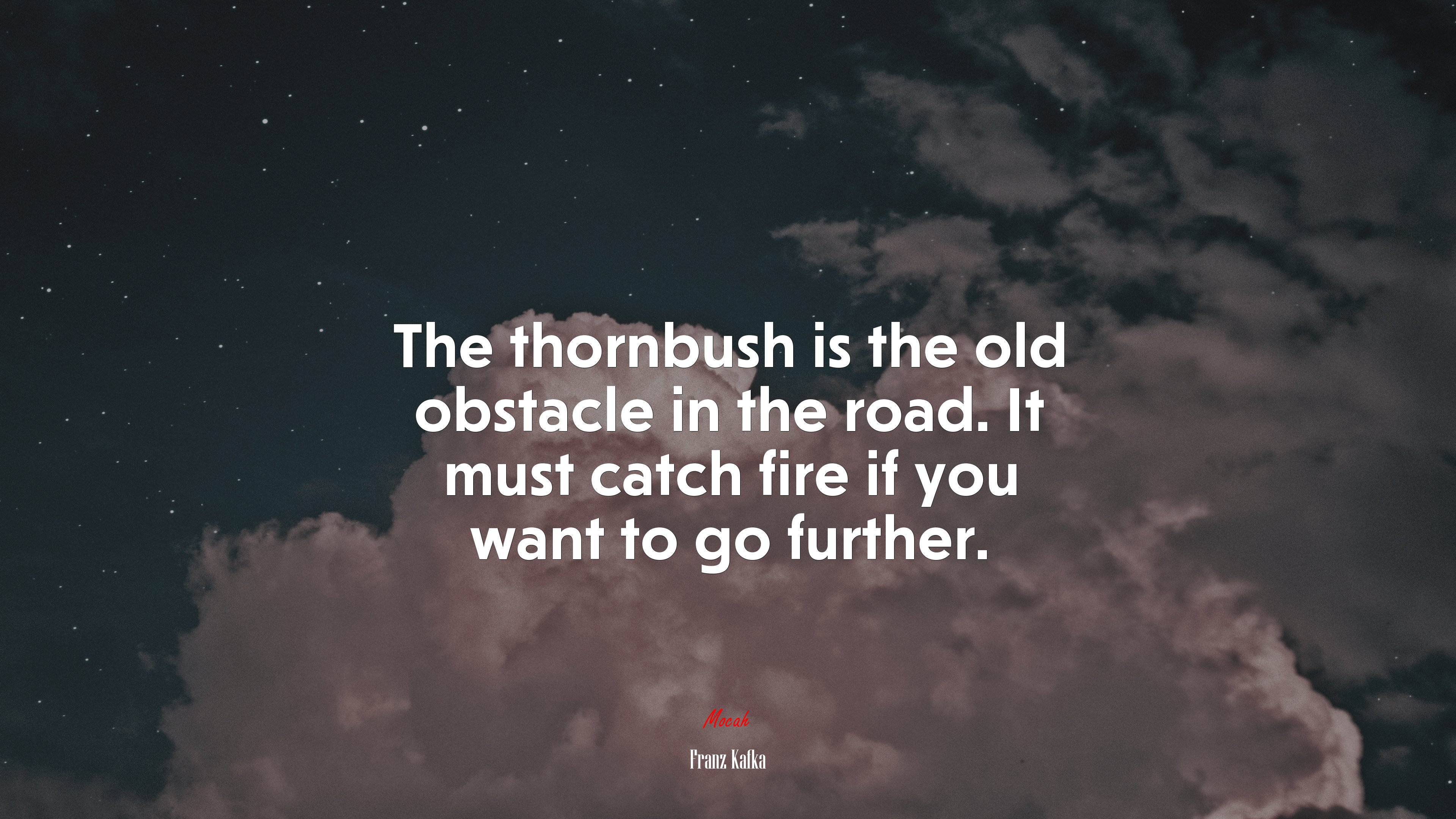 The thornbush is the old obstacle in the road. It must catch fire if you want to go further. | Franz Kafka quote HD Wallpaper