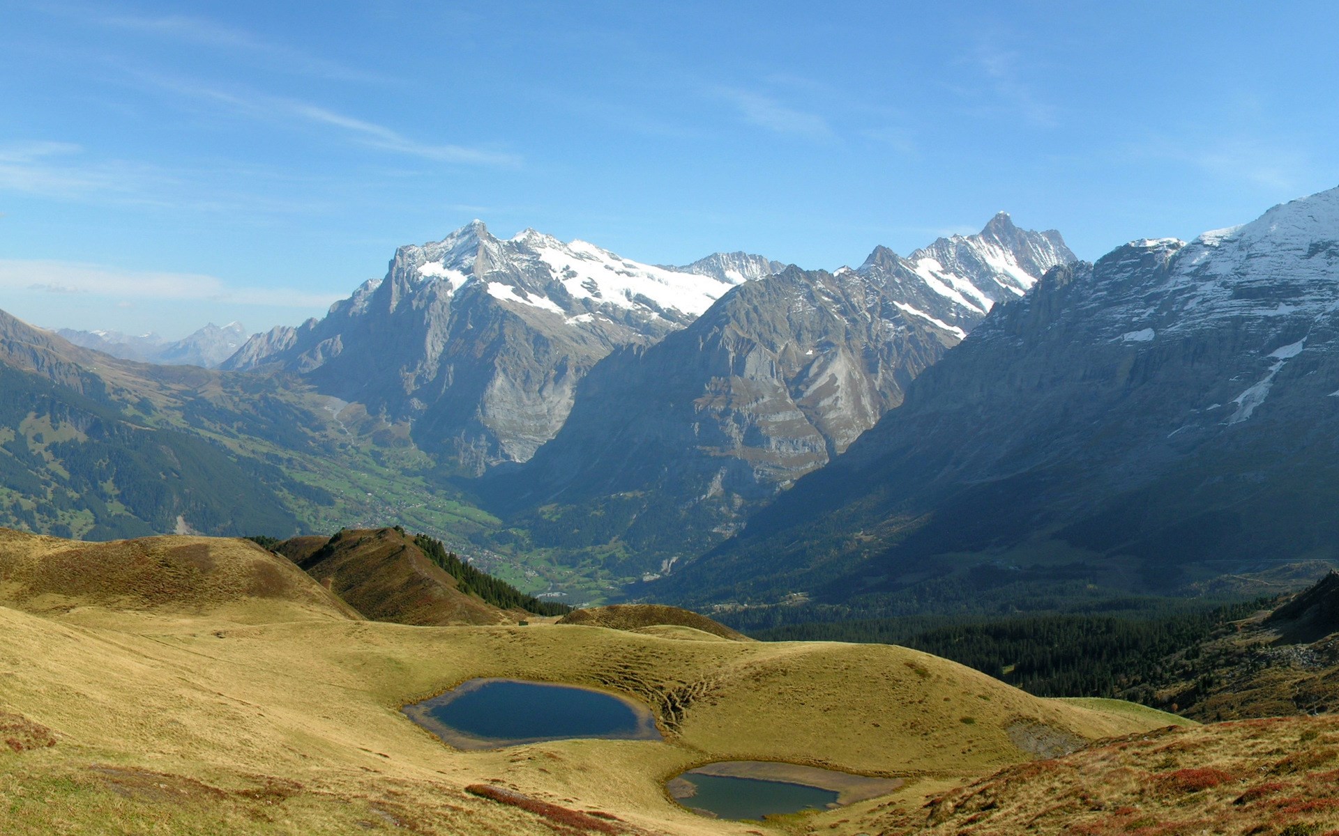 Alpine landscape with lakes and snow-capped mountains HD Wallpaper