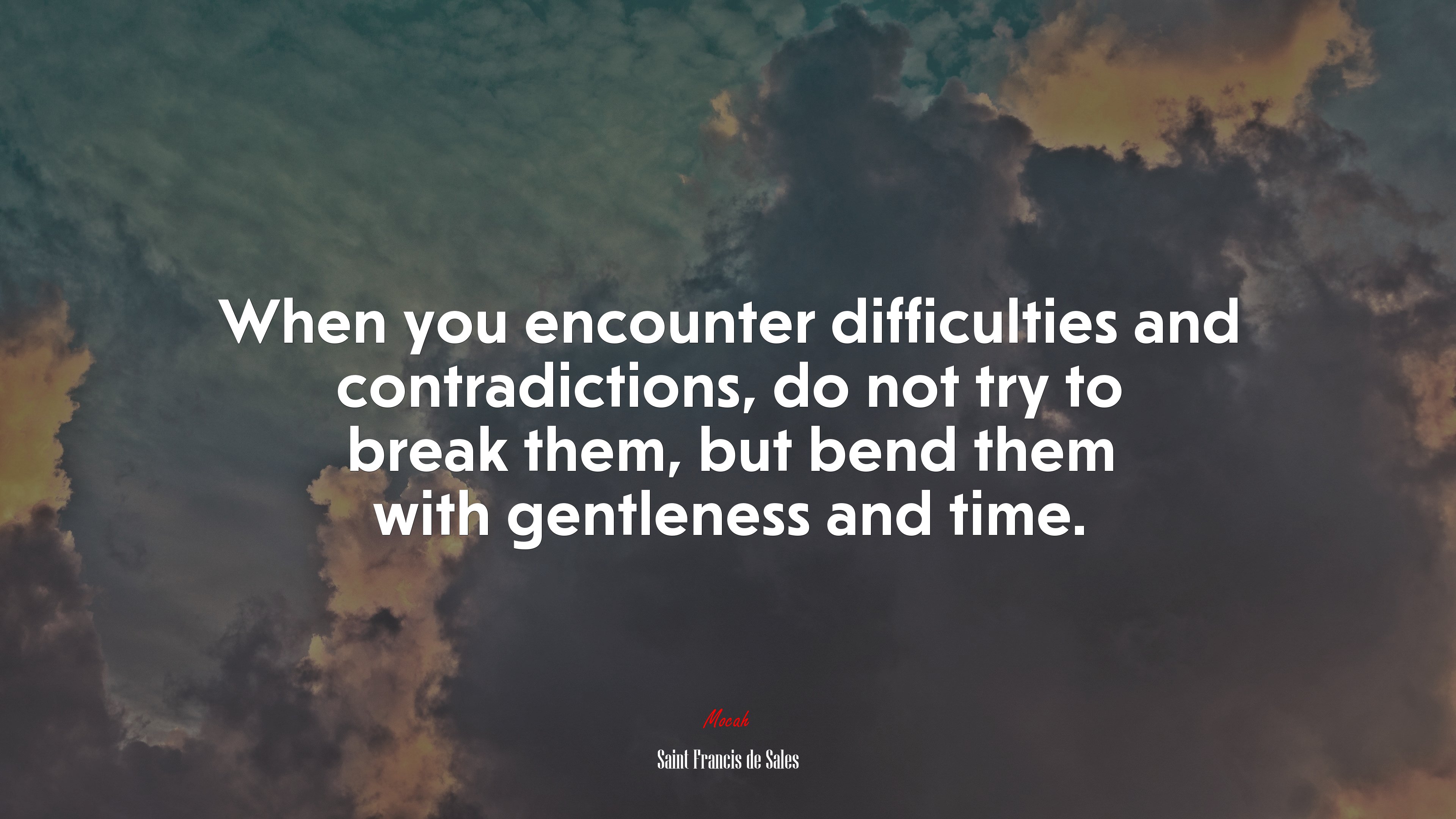 When you encounter difficulties and contradictions, do not try to break them, but bend them with gentleness and time. | Saint Francis de Sales quote HD Wallpaper