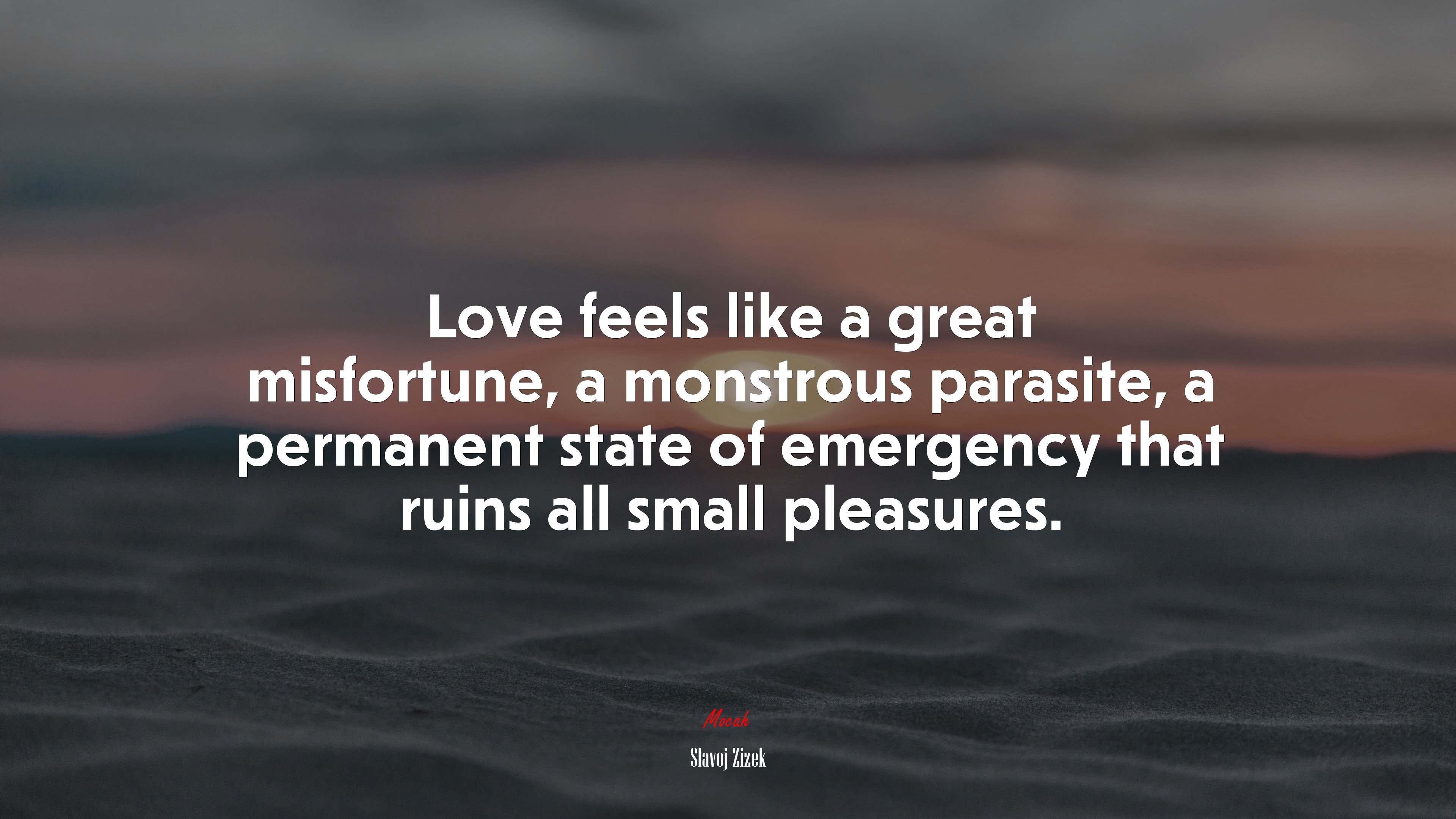 Love feels like a great misfortune, a monstrous parasite, a permanent state of emergency that ruins all small pleasures. | Slavoj Žižek quote HD Wallpaper