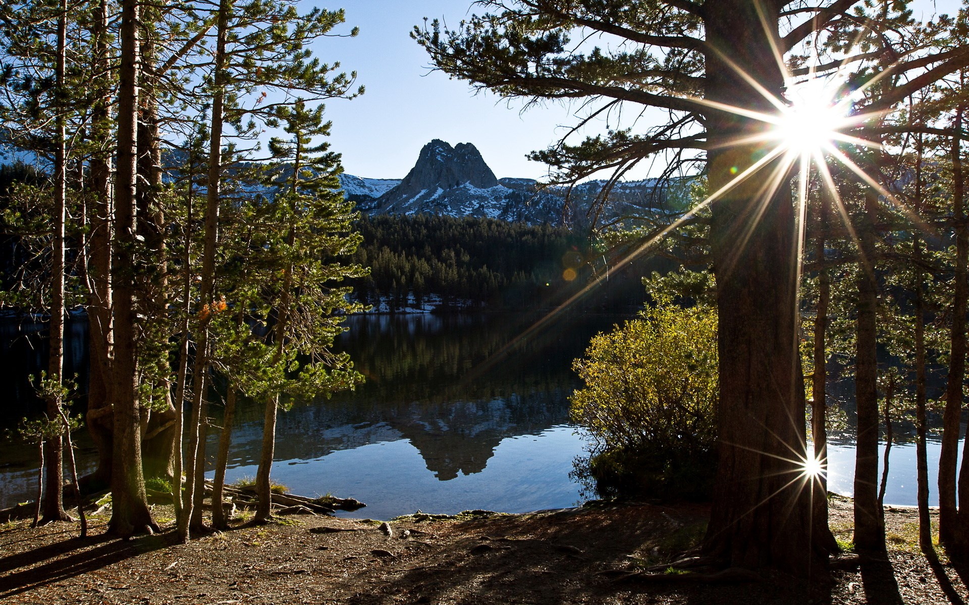 Sunburst over a mountain lake with pine trees HD Wallpaper