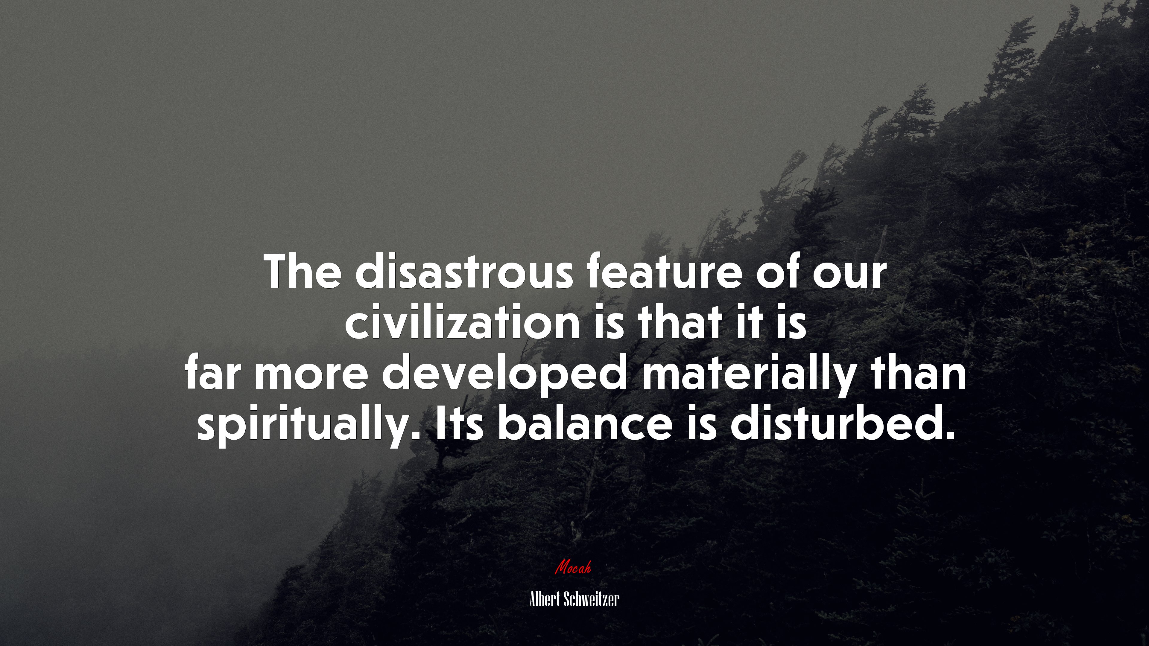 The disastrous feature of our civilization is that it is far more developed materially than spiritually. Its balance is disturbed. | Albert Schweitzer quote HD Wallpaper