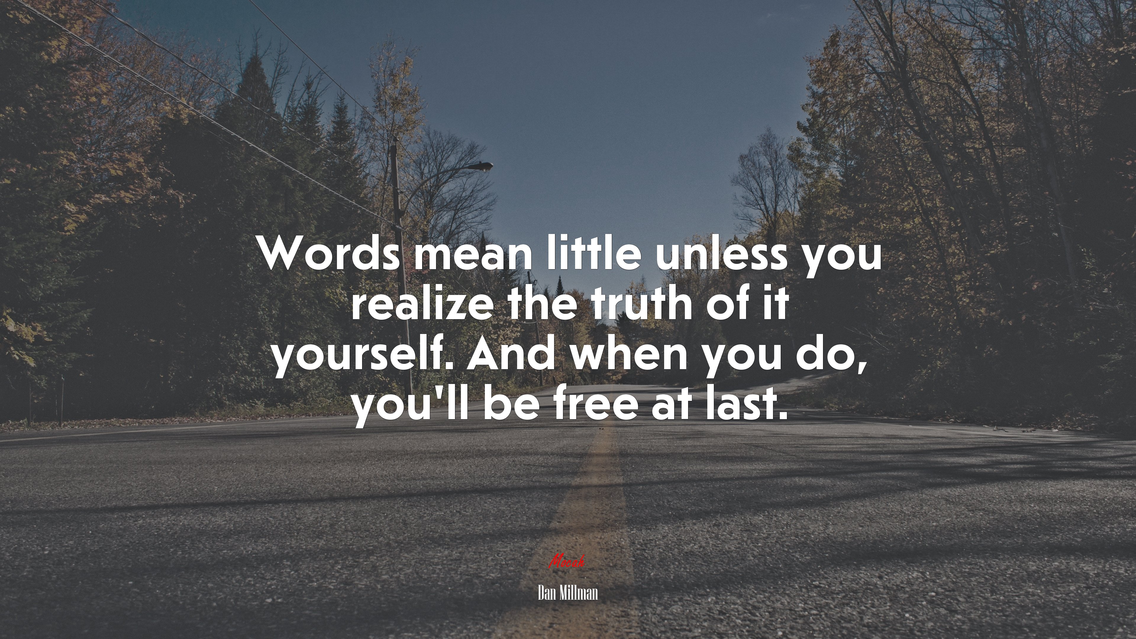 Words mean little unless you realize the truth of it yourself. And when you do, you’ll be free at last. | Dan Millman quote HD Wallpaper