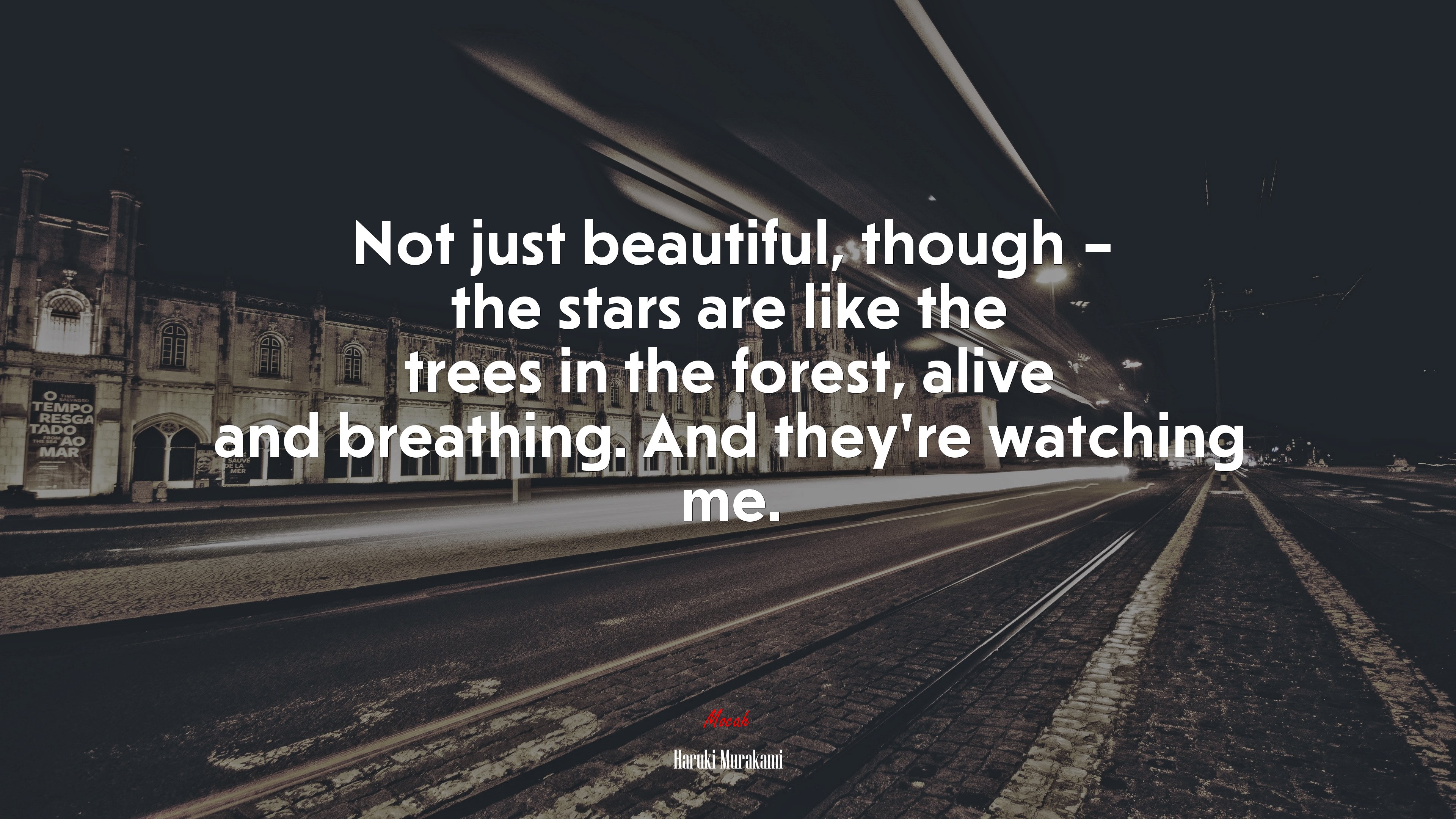 Not just beautiful, though – the stars are like the trees in the forest, alive and breathing. And they’re watching me. | Haruki Murakami quote HD Wallpaper