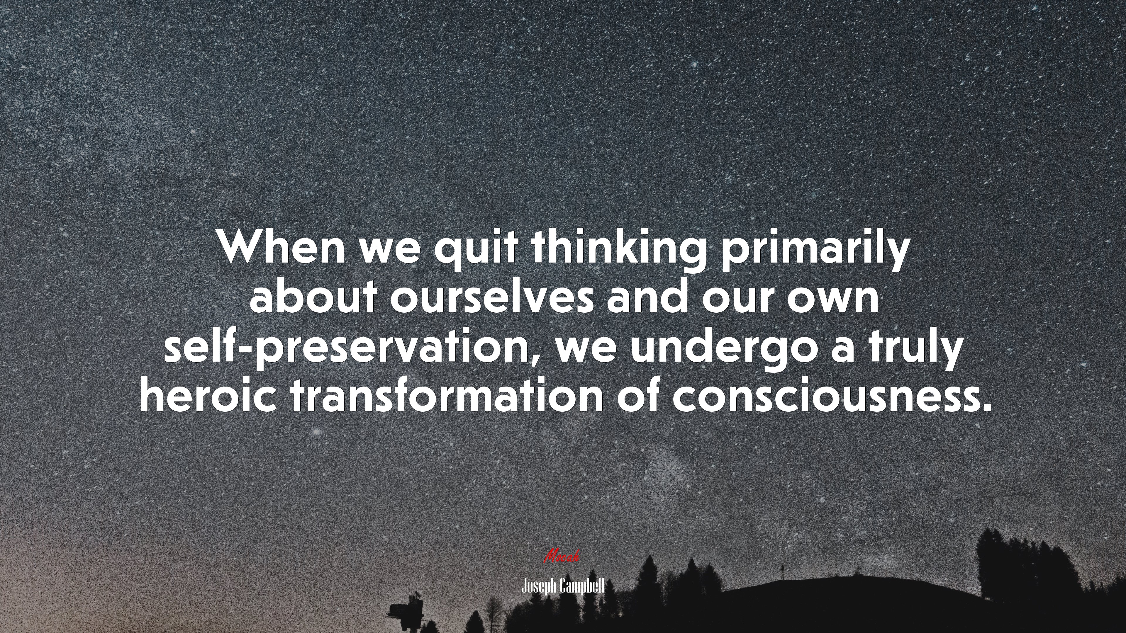 When we quit thinking primarily about ourselves and our own self-preservation, we undergo a truly heroic transformation of consciousness. | Joseph Campbell quote HD Wallpaper