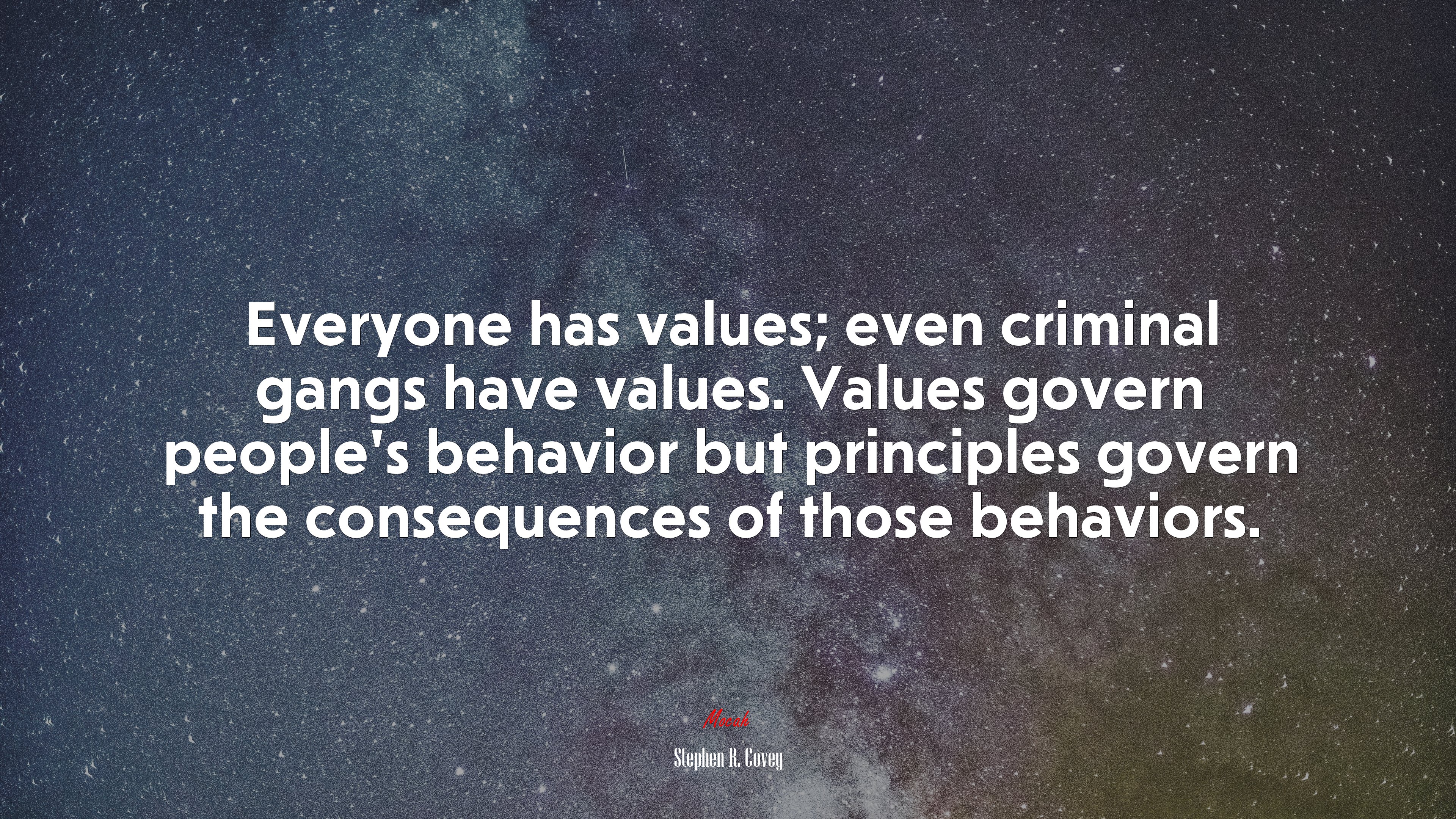 Everyone has values; even criminal gangs have values. Values govern people’s behavior but principles govern the consequences of those behaviors. | Stephen R. Covey quote HD Wallpaper