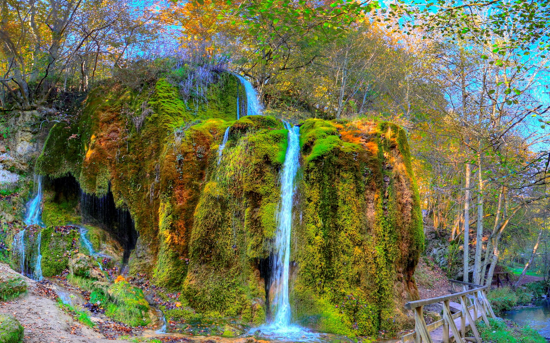 Moss-covered waterfall in a forest with a wooden bridge HD Wallpaper