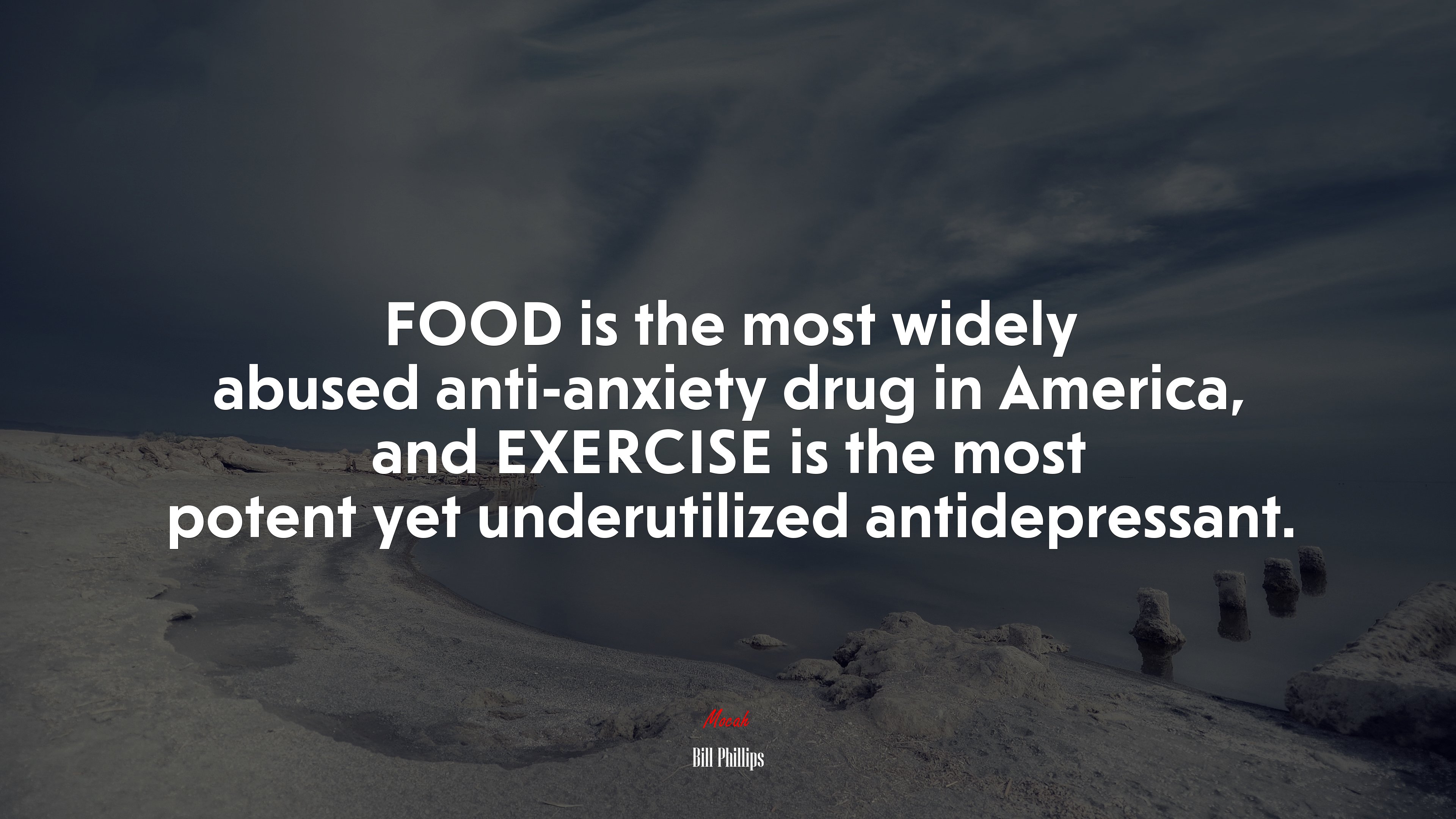 FOOD is the most widely abused anti-anxiety drug in America, and EXERCISE is the most potent yet underutilized antidepressant. | Bill Phillips quote HD Wallpaper