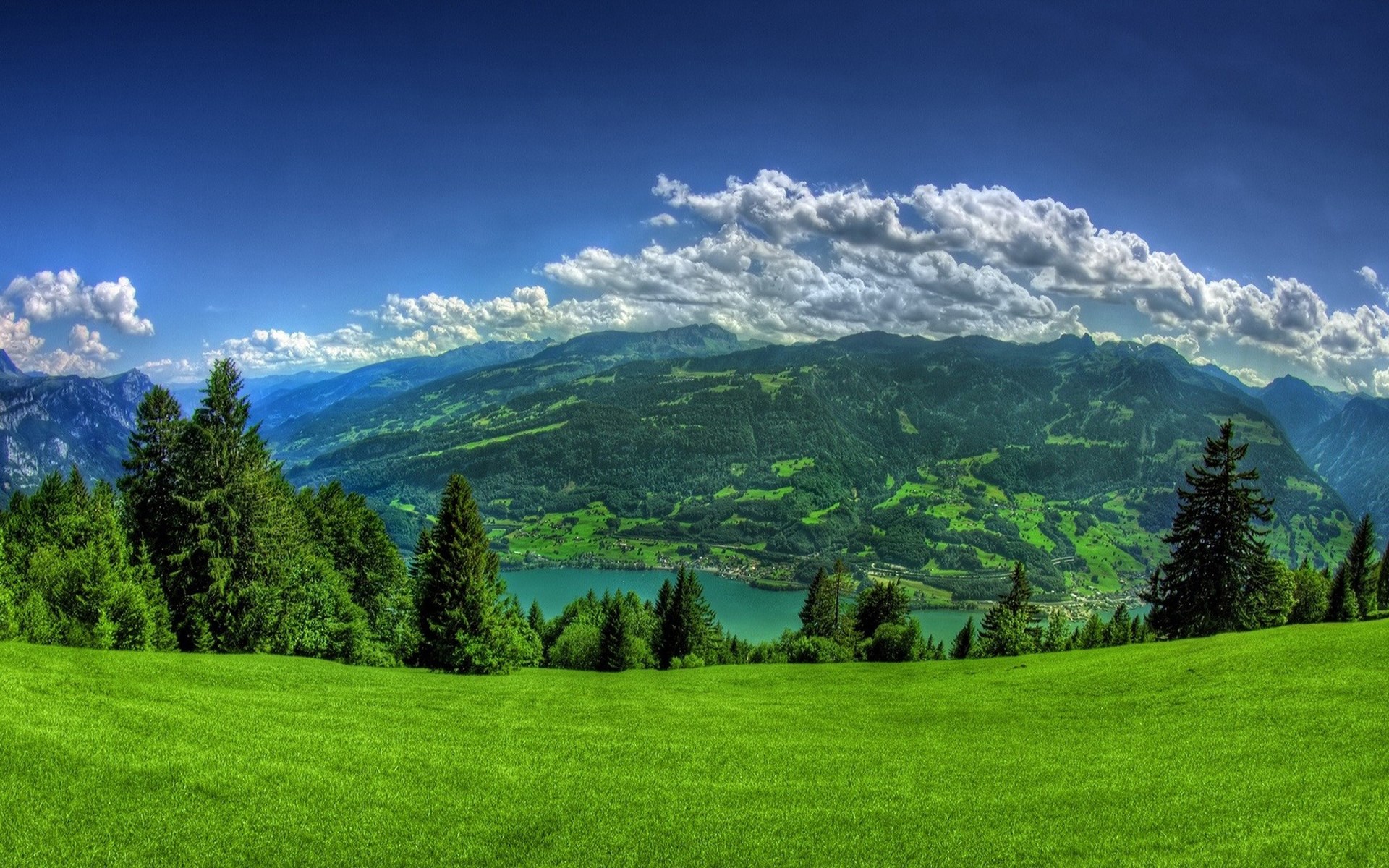 Green Meadow Overlooking a Lake and Mountains HD Wallpaper