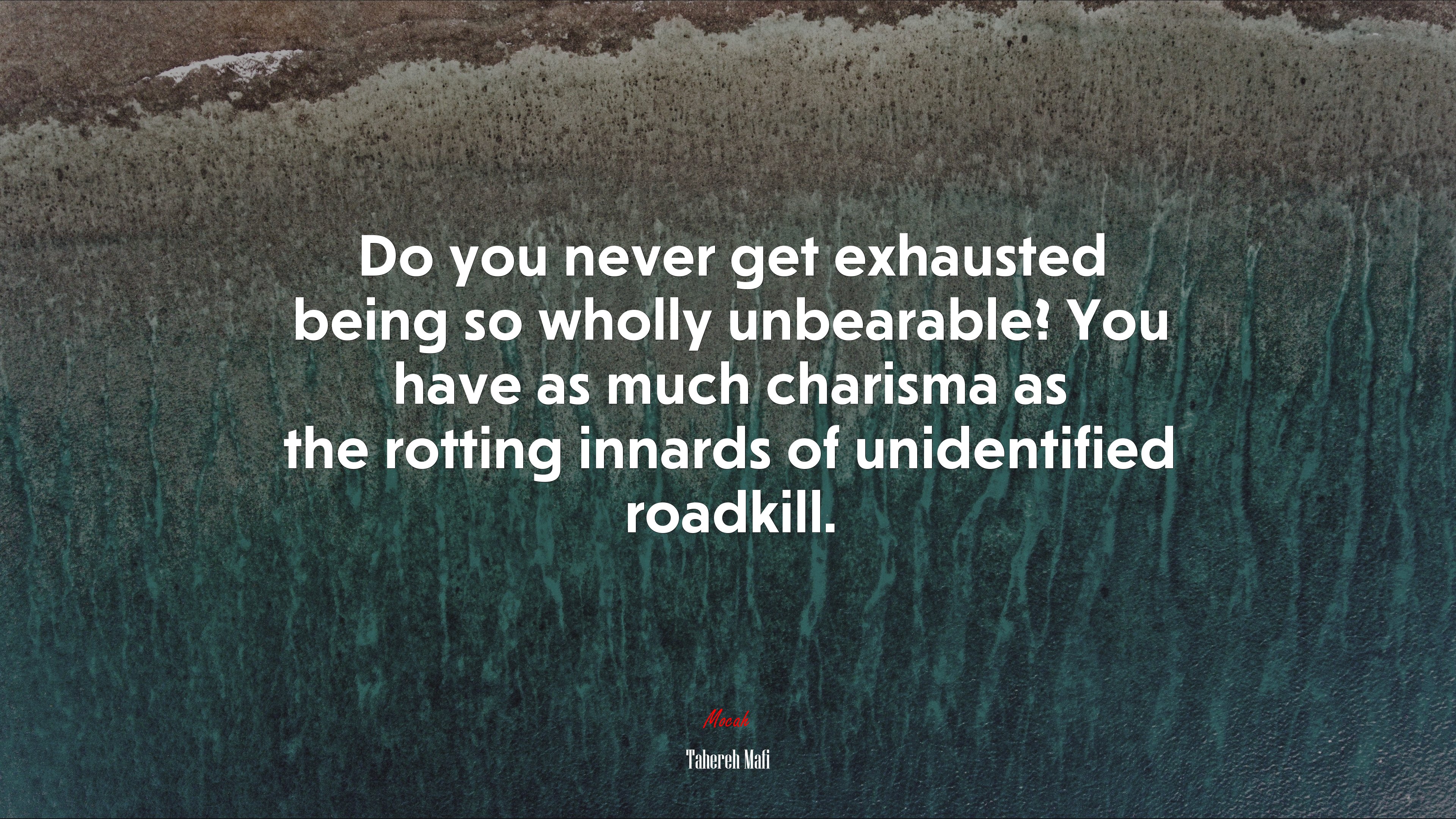 Do you never get exhausted being so wholly unbearable? You have as much charisma as the rotting innards of unidentified roadkill. | Tahereh Mafi quote HD Wallpaper