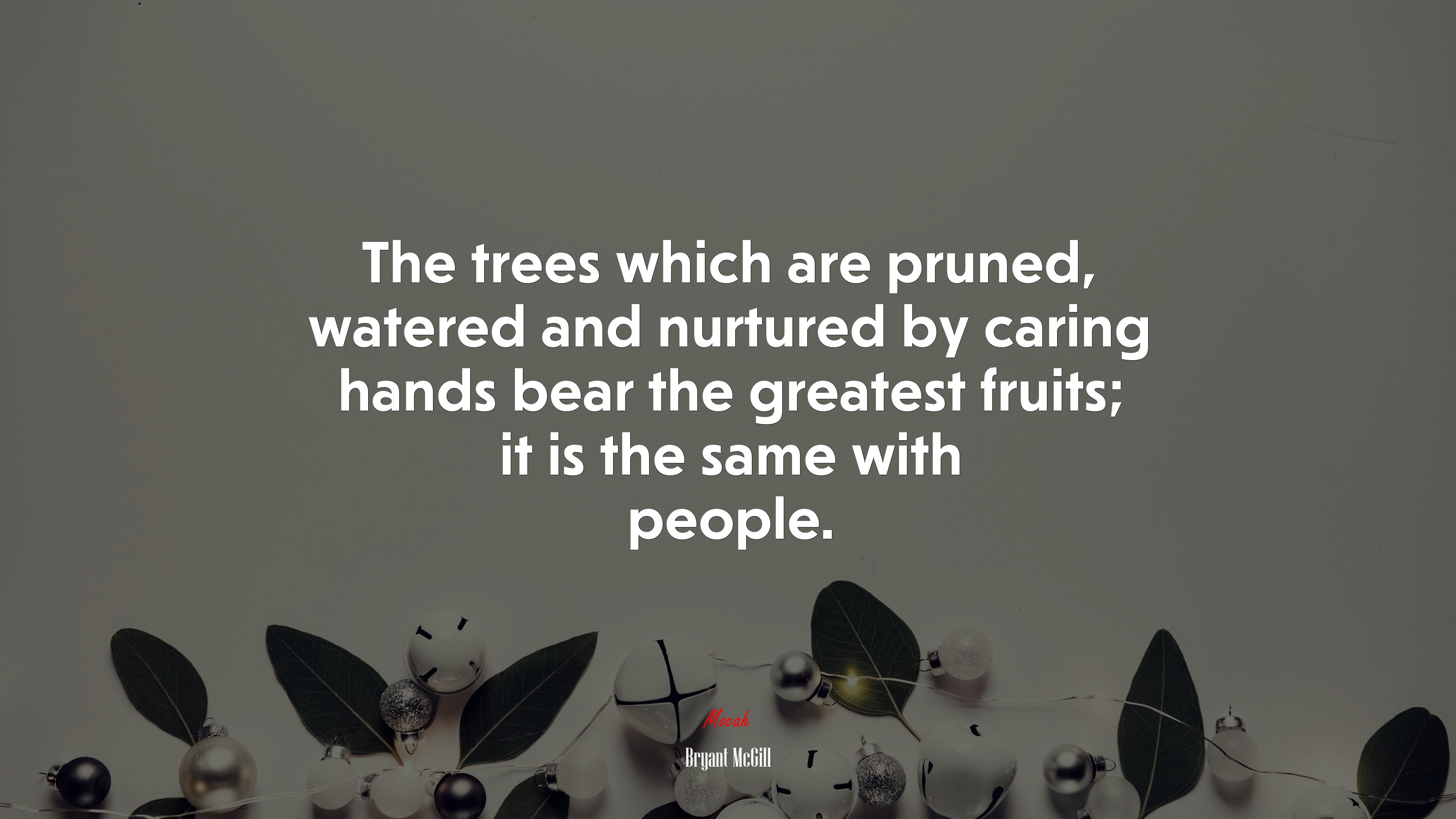 The trees which are pruned, watered and nurtured by caring hands bear the greatest fruits; it is the same with people. | Bryant McGill quote HD Wallpaper