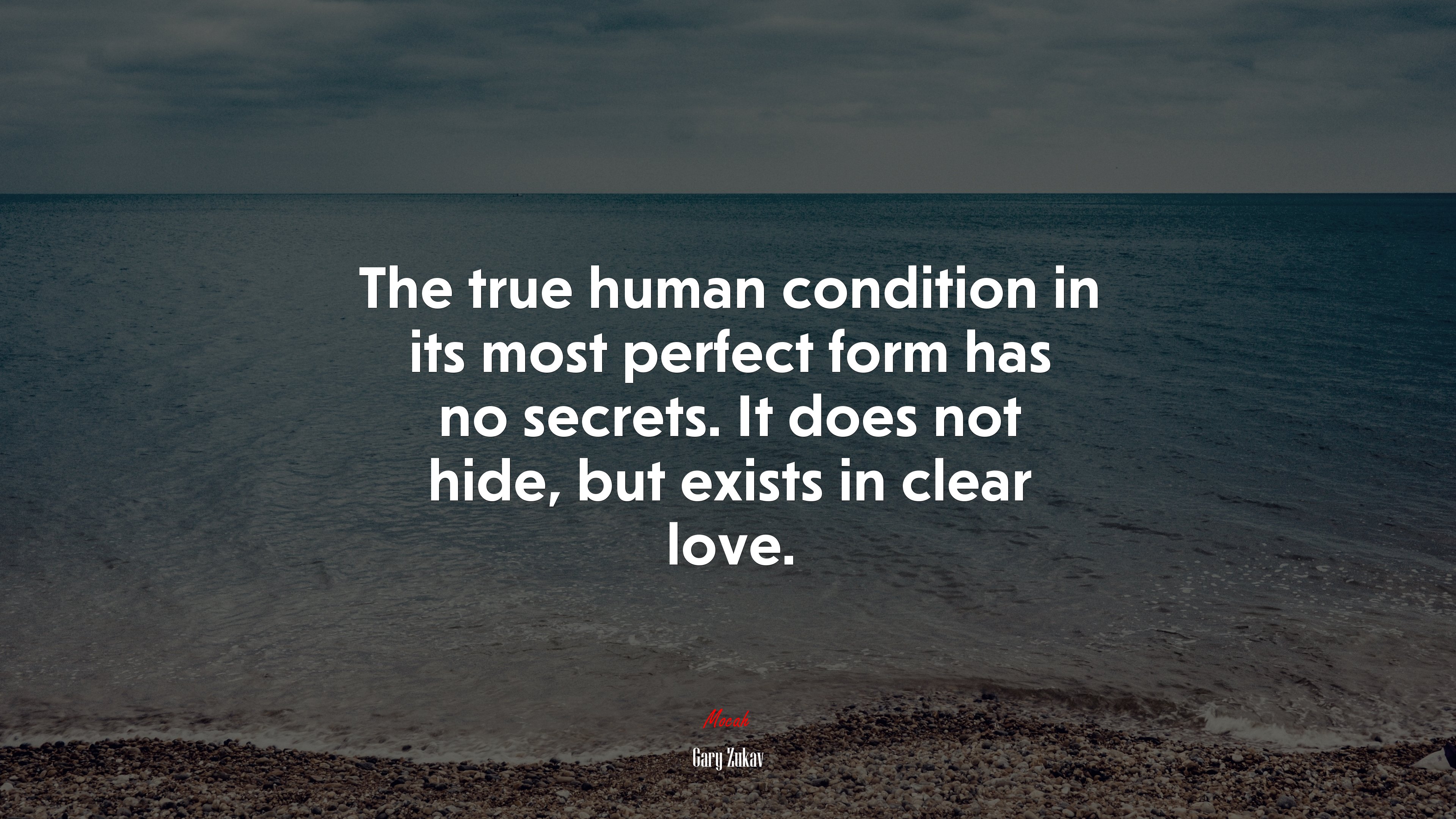 The true human condition in its most perfect form has no secrets. It does not hide, but exists in clear love. | Gary Zukav quote HD Wallpaper