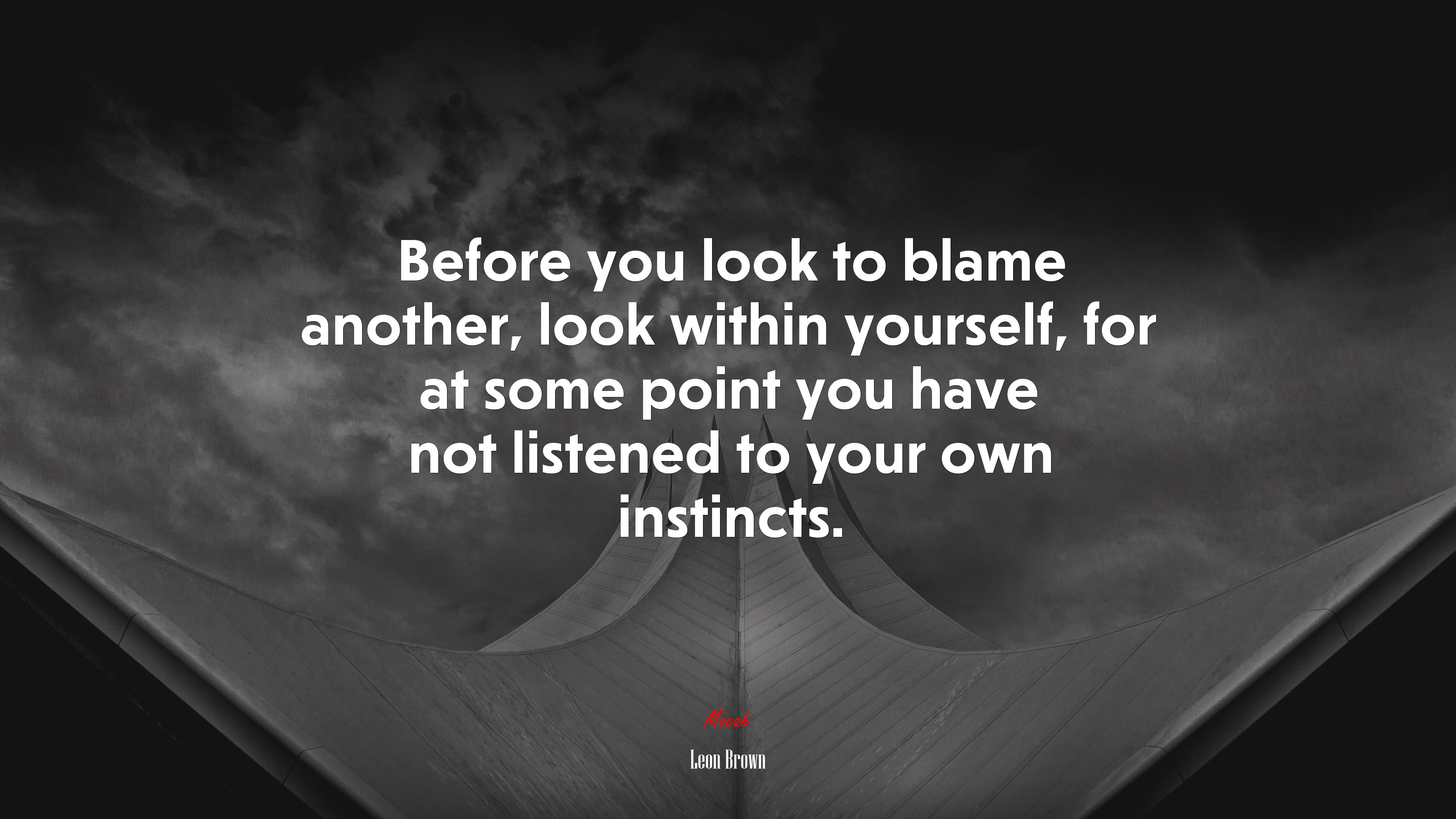 Before you look to blame another, look within yourself, for at some point you have not listened to your own instincts. | Leon Brown quote HD Wallpaper