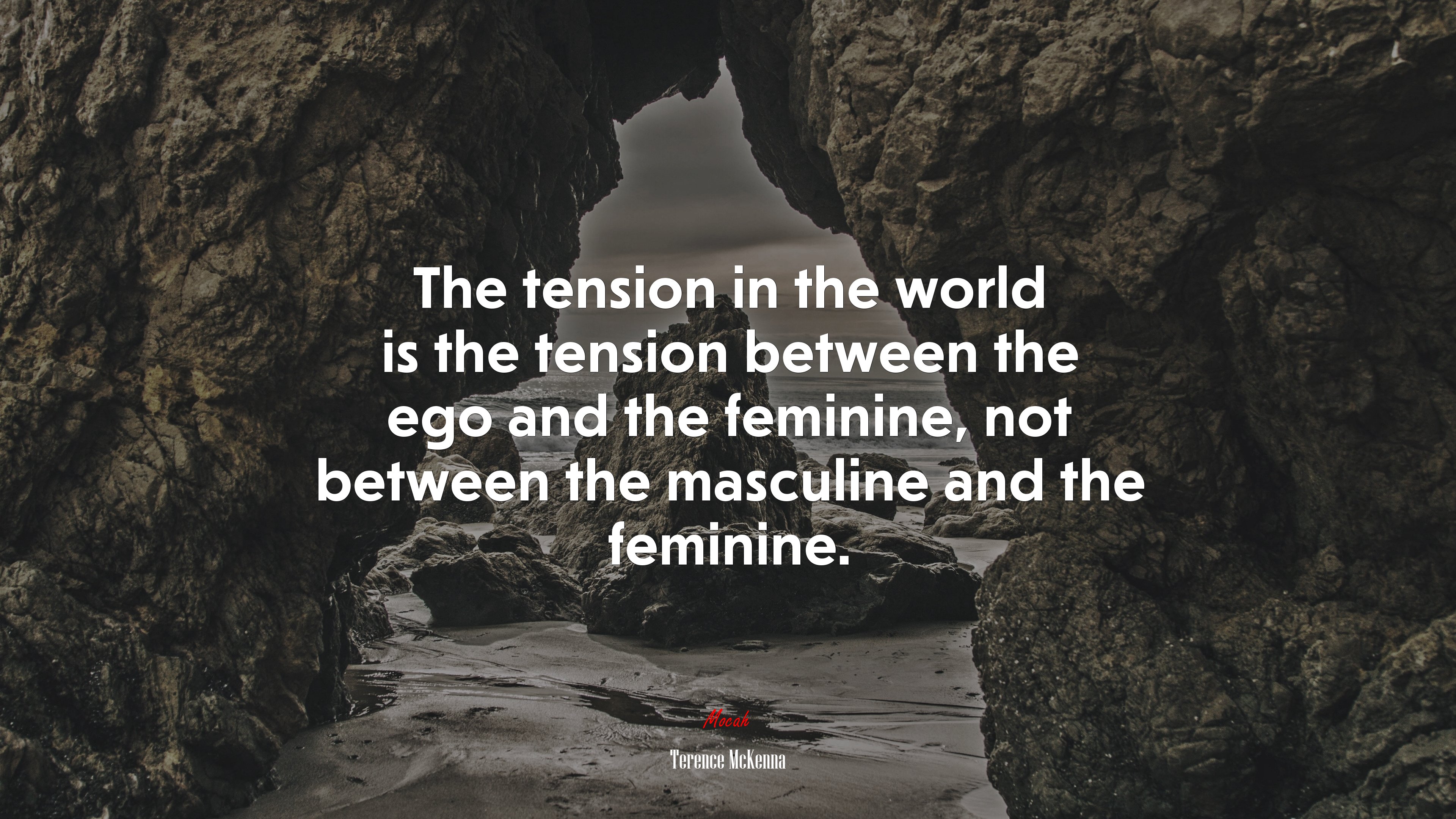 The tension in the world is the tension between the ego and the feminine, not between the masculine and the feminine. | Terence McKenna quote HD Wallpaper