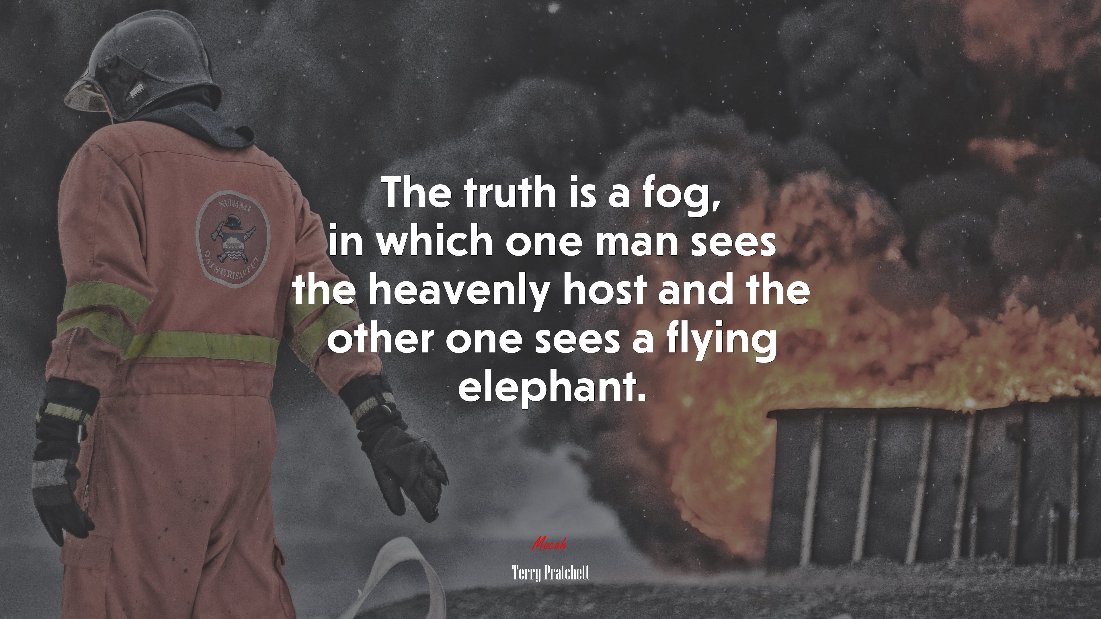 The truth is a fog, in which one man sees the heavenly host and the other one sees a flying elephant. | Terry Pratchett quote HD Wallpaper