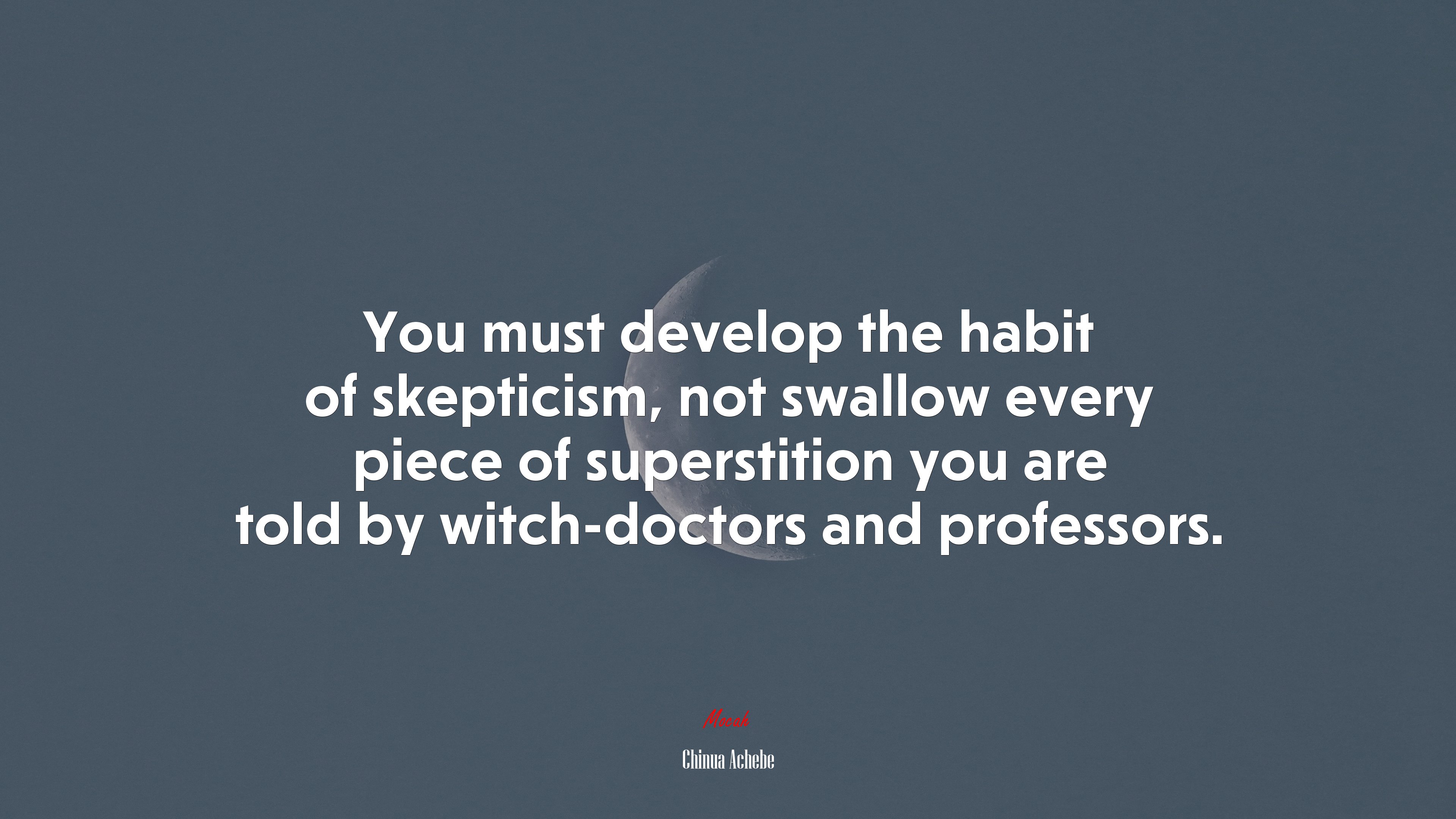 You must develop the habit of skepticism, not swallow every piece of superstition you are told by witch-doctors and professors. | Chinua Achebe quote HD Wallpaper