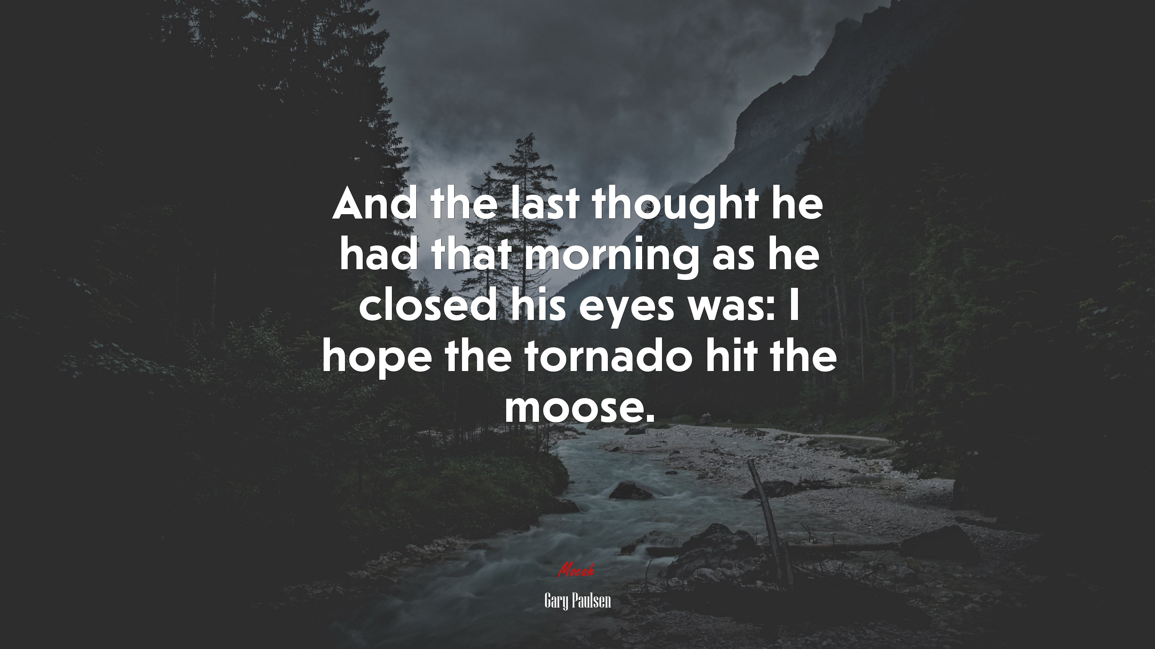 And the last thought he had that morning as he closed his eyes was: I hope the tornado hit the moose. | Gary Paulsen quote HD Wallpaper