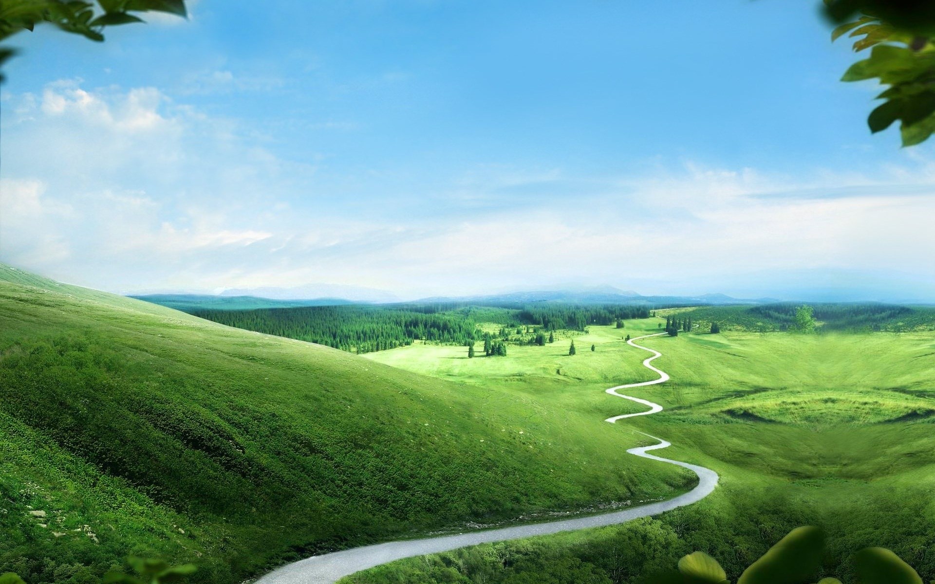 Winding road through green hills under a blue sky HD Wallpaper